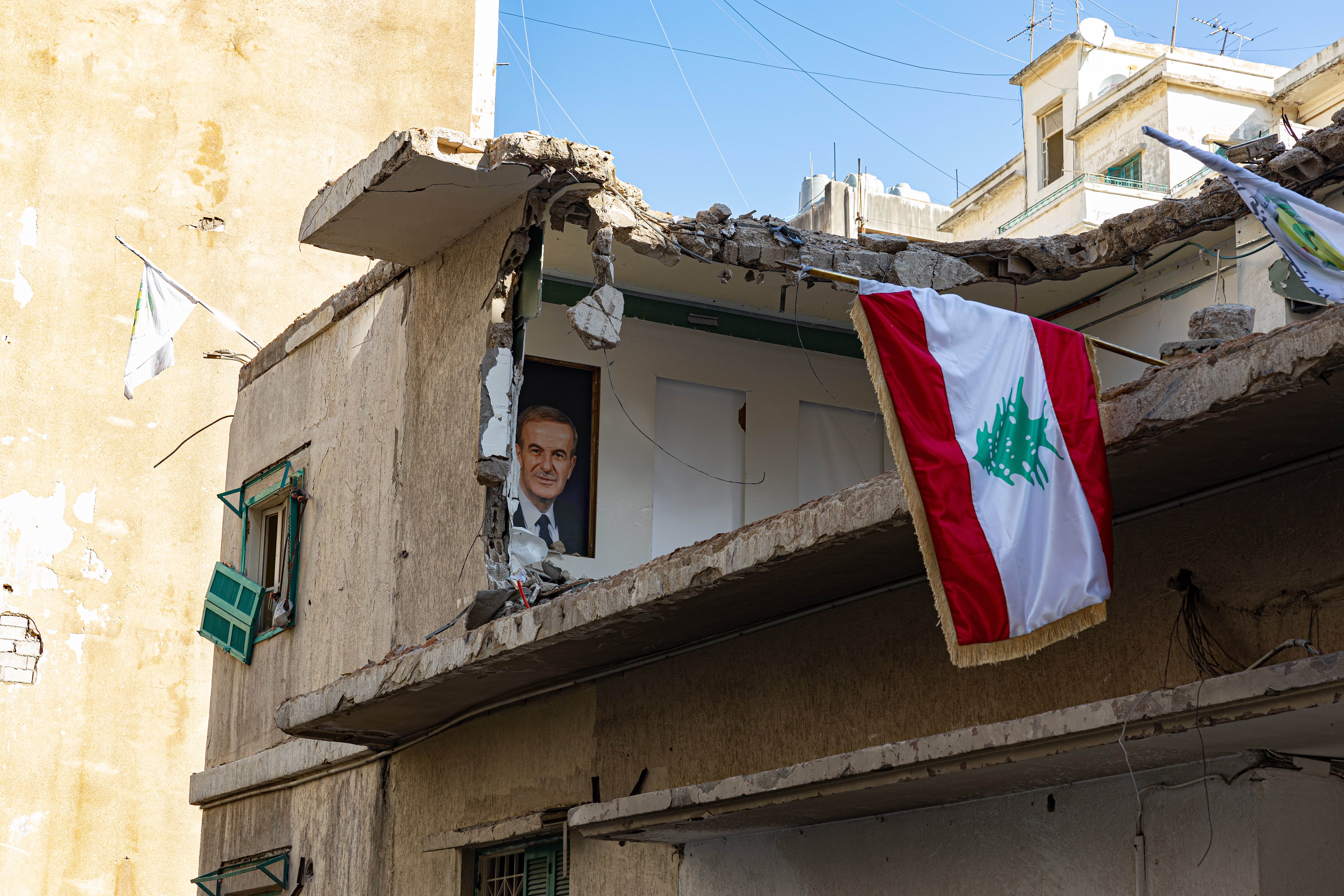 A photo of Hafez al-Assad, the late president of Syria – and father of current president Bashar al-Assad – in a bombed out building in Beirut