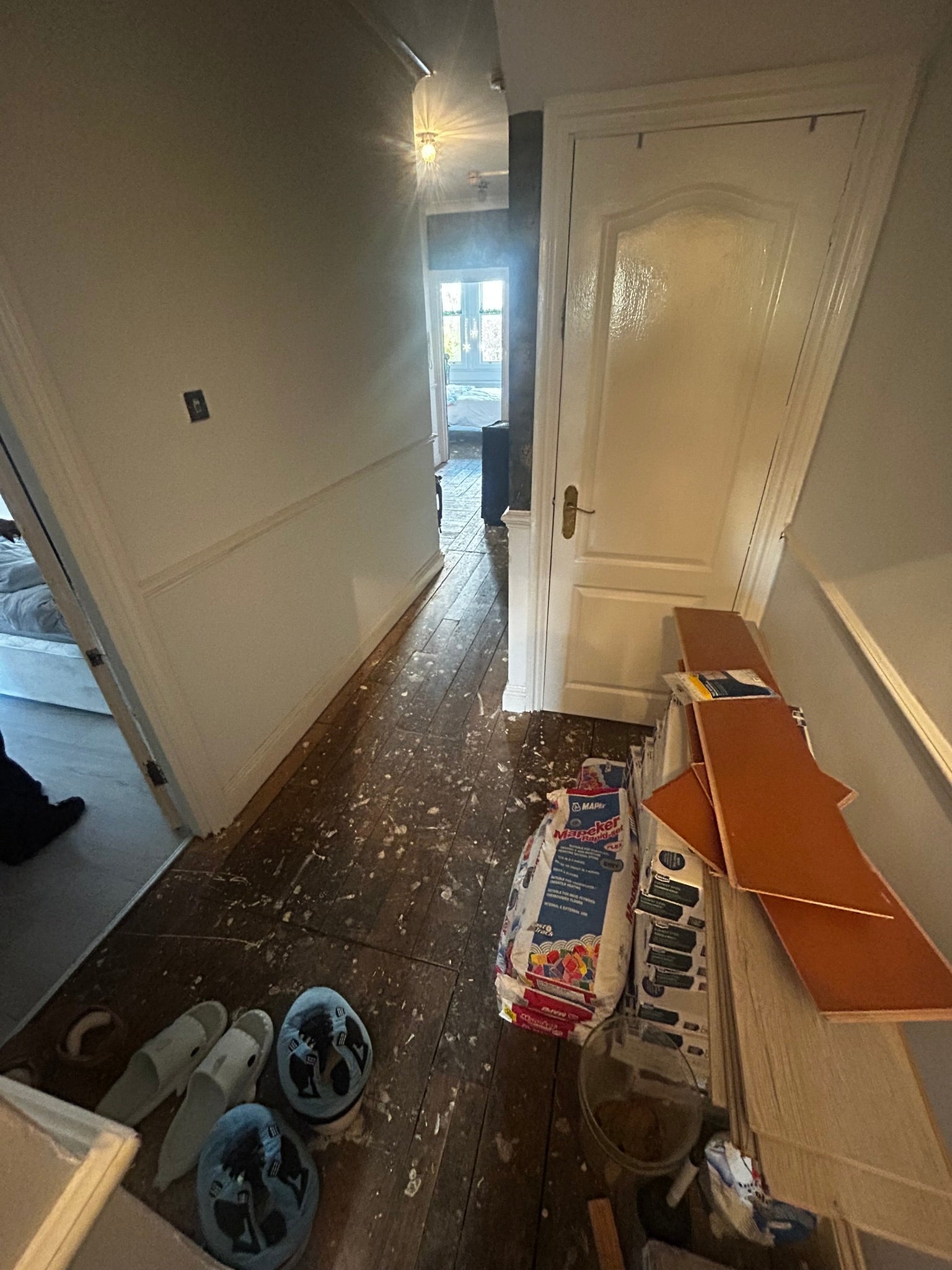 Ms Nilsson’s hallway amid repair work being carried out in her flat