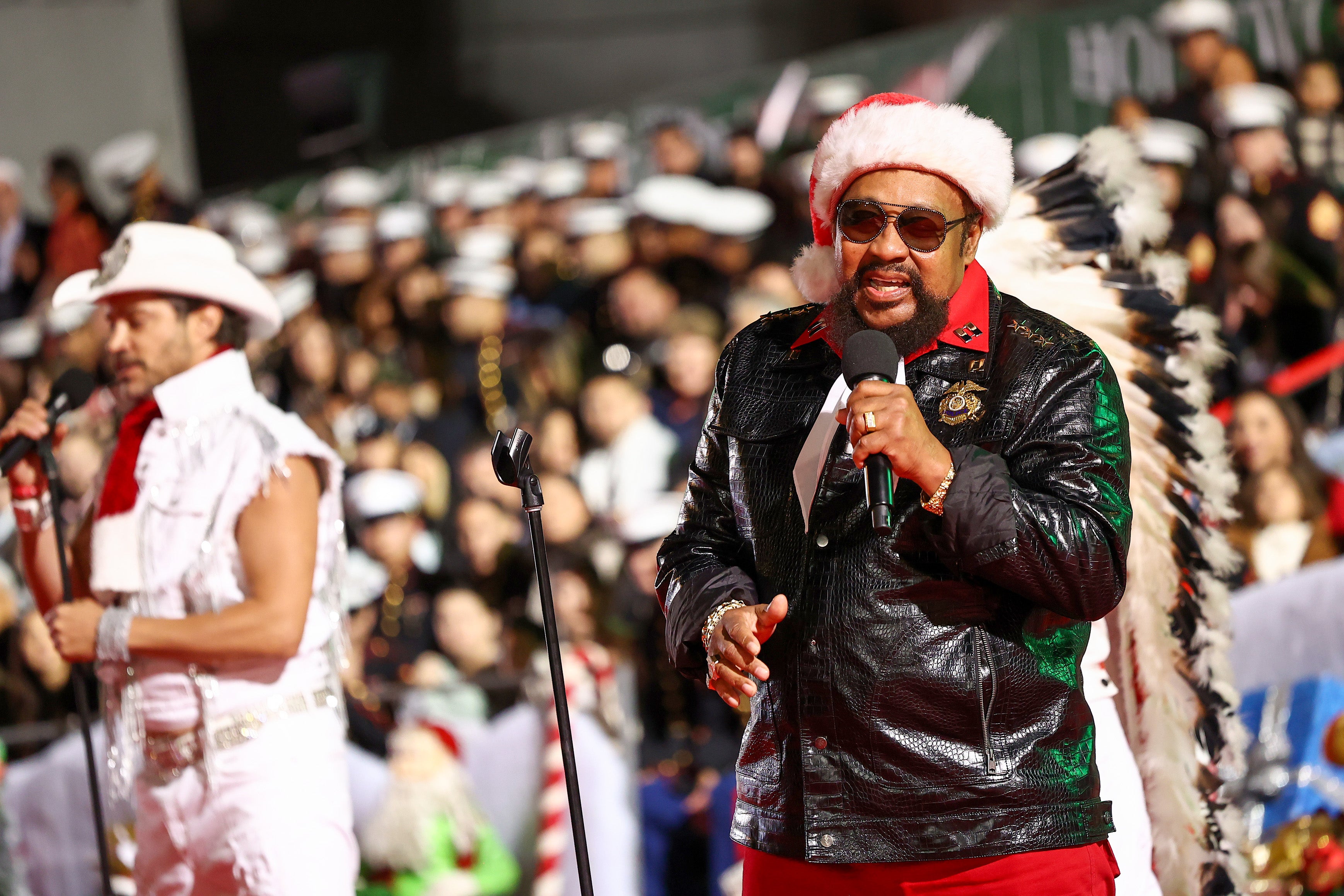 Victor Willis (R) of Village People performs during the 91st anniversary of the Hollywood Christmas Parade, supporting Marine Toys For Tots last year in Hollywood, California. He has said that YMCA was not intended to be a gay anthem