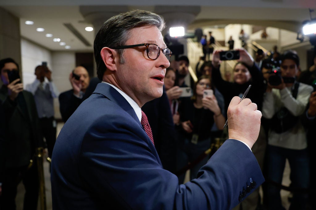 Mike Johnson, GOP speaker of the House, hosts a press conference ahead of his meeting with Vivek Ramaswamy and Elon Musk, head of incoming President Donald Trump’s “Department of Government Efficiency” initiative.