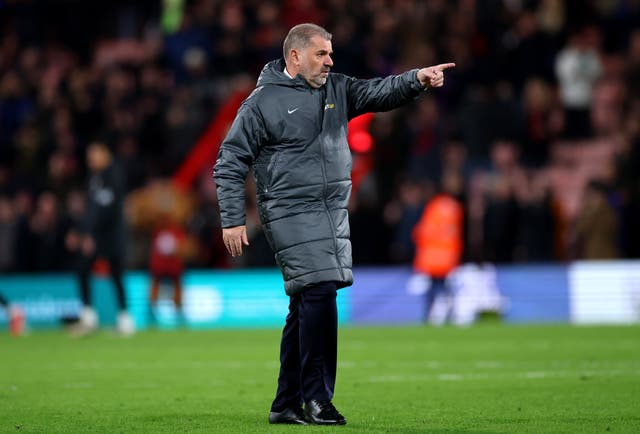 <p>Postecoglou points to the away end after defeat at Bournemouth </p>