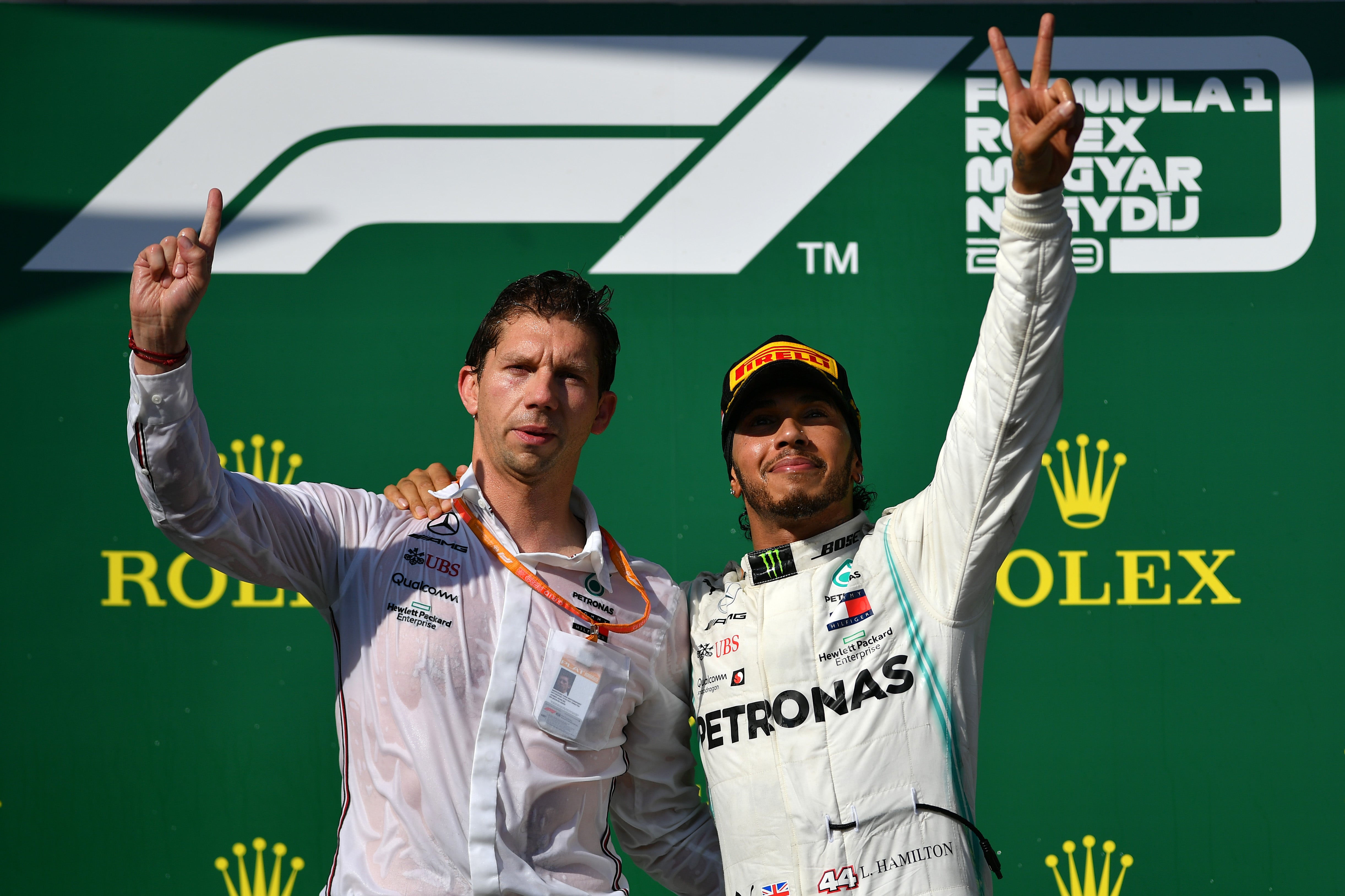 Hamilton celebrates a win in Hungary with James Vowles in 2019