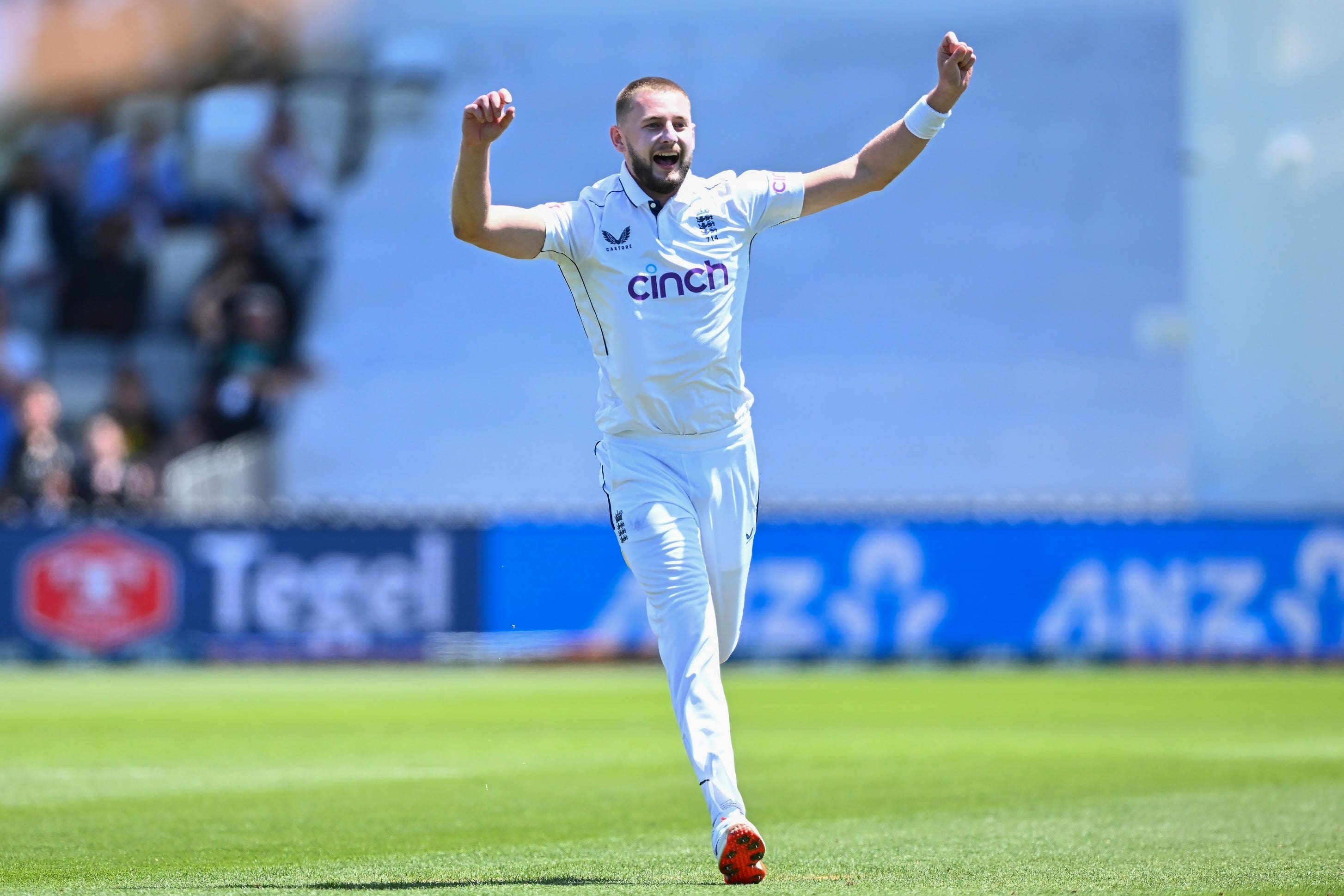 England’s Gus Atkinson celebrates after taking a hat-trick (Kerry Marshall/Photosport via AP)