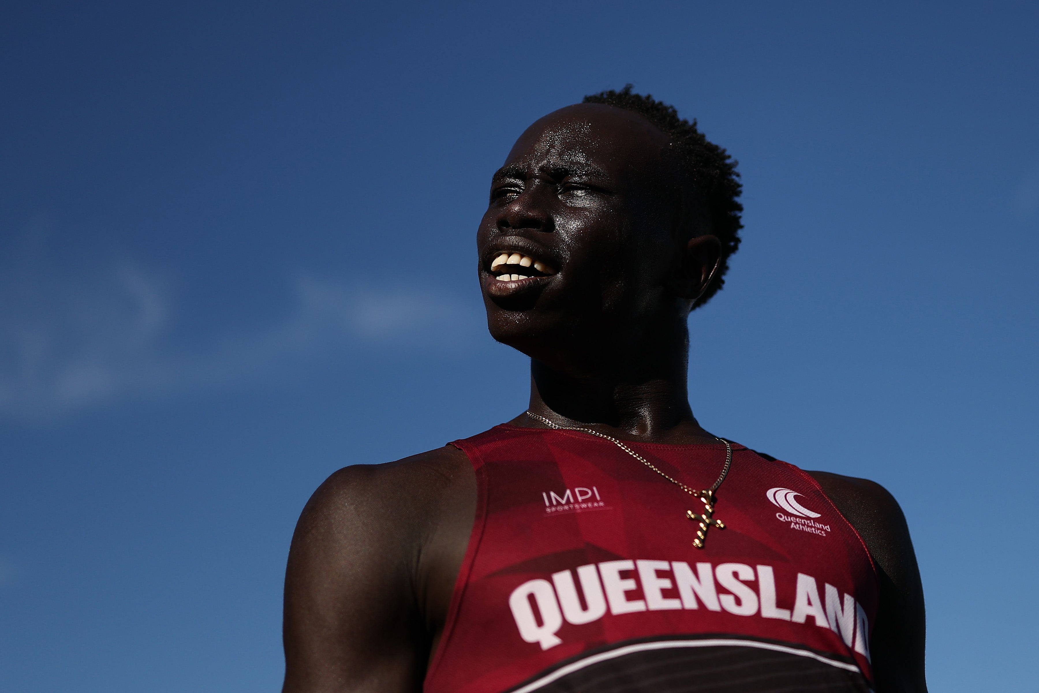 Gout Gout of Queensland celebrates winning the Boys’ U18 200m Final in a new national time of 20.04 seconds