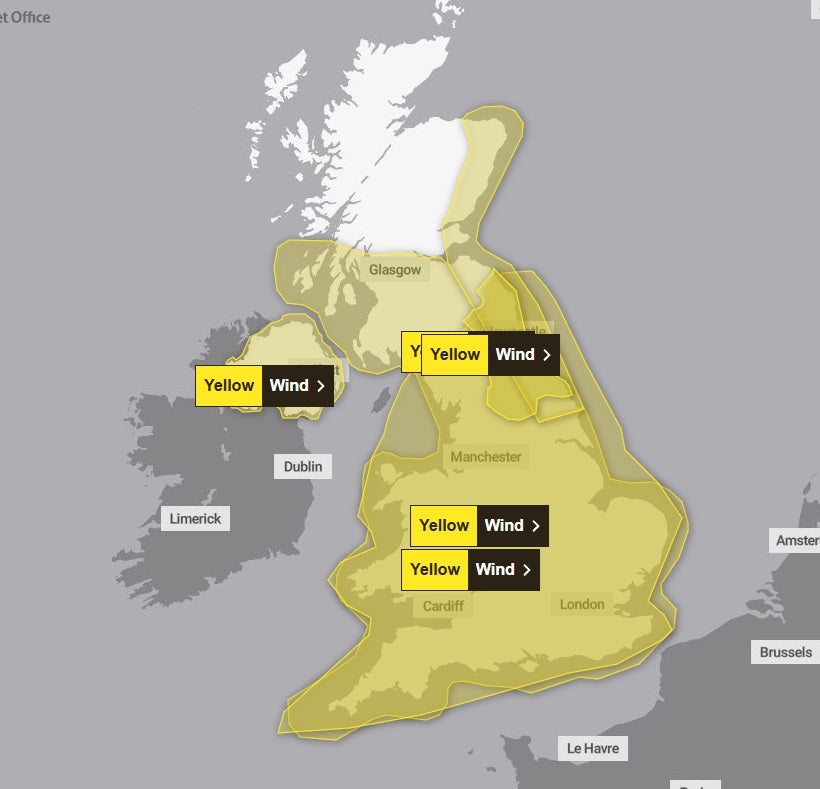 The yellow weather warnings in place for wind across the UK on Sunday