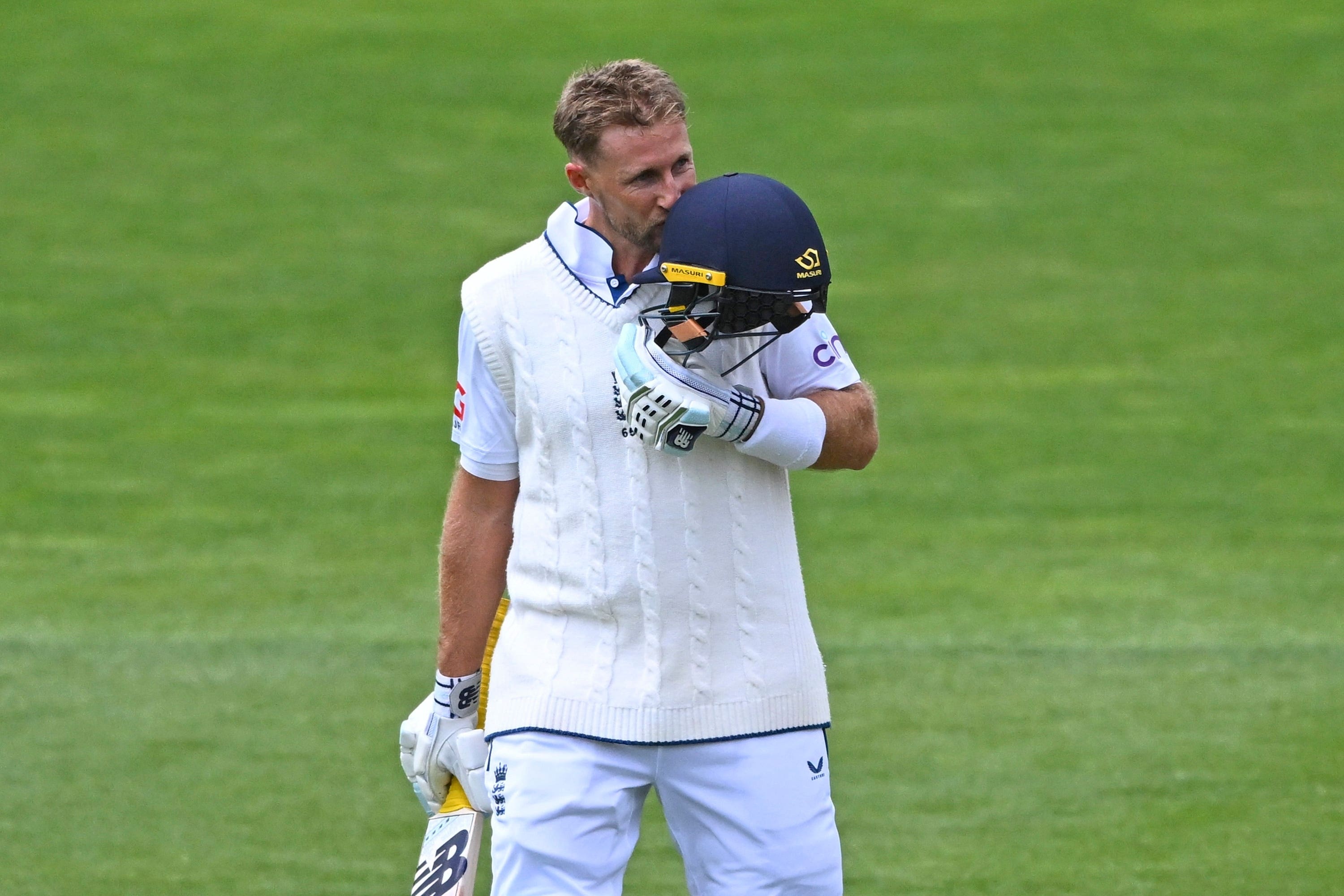 England’s Joe Root reacts after scoring a century during play on day three of the second cricket test between New Zealand and England at the Basin Reserve in Wellington (Kerry Marshall/Photosport via AP)