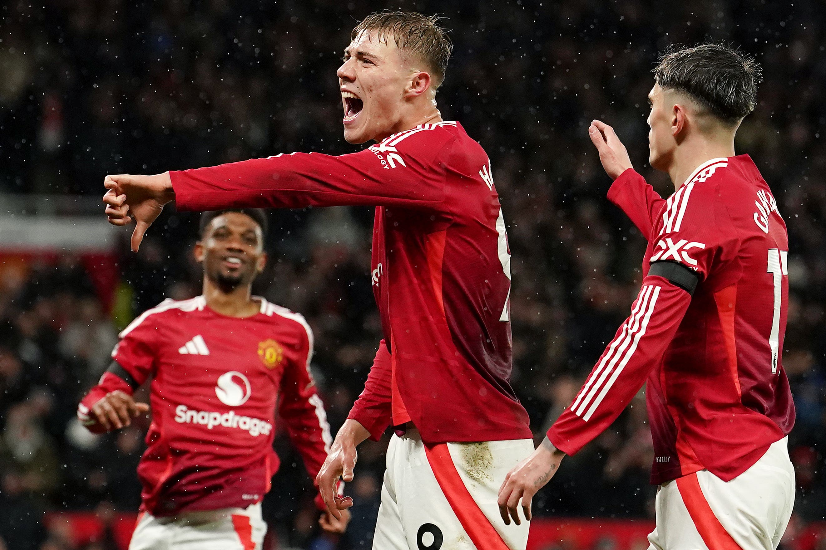 Rasmus Hojlund, centre, scored against Forest (Martin Rickett/PA)