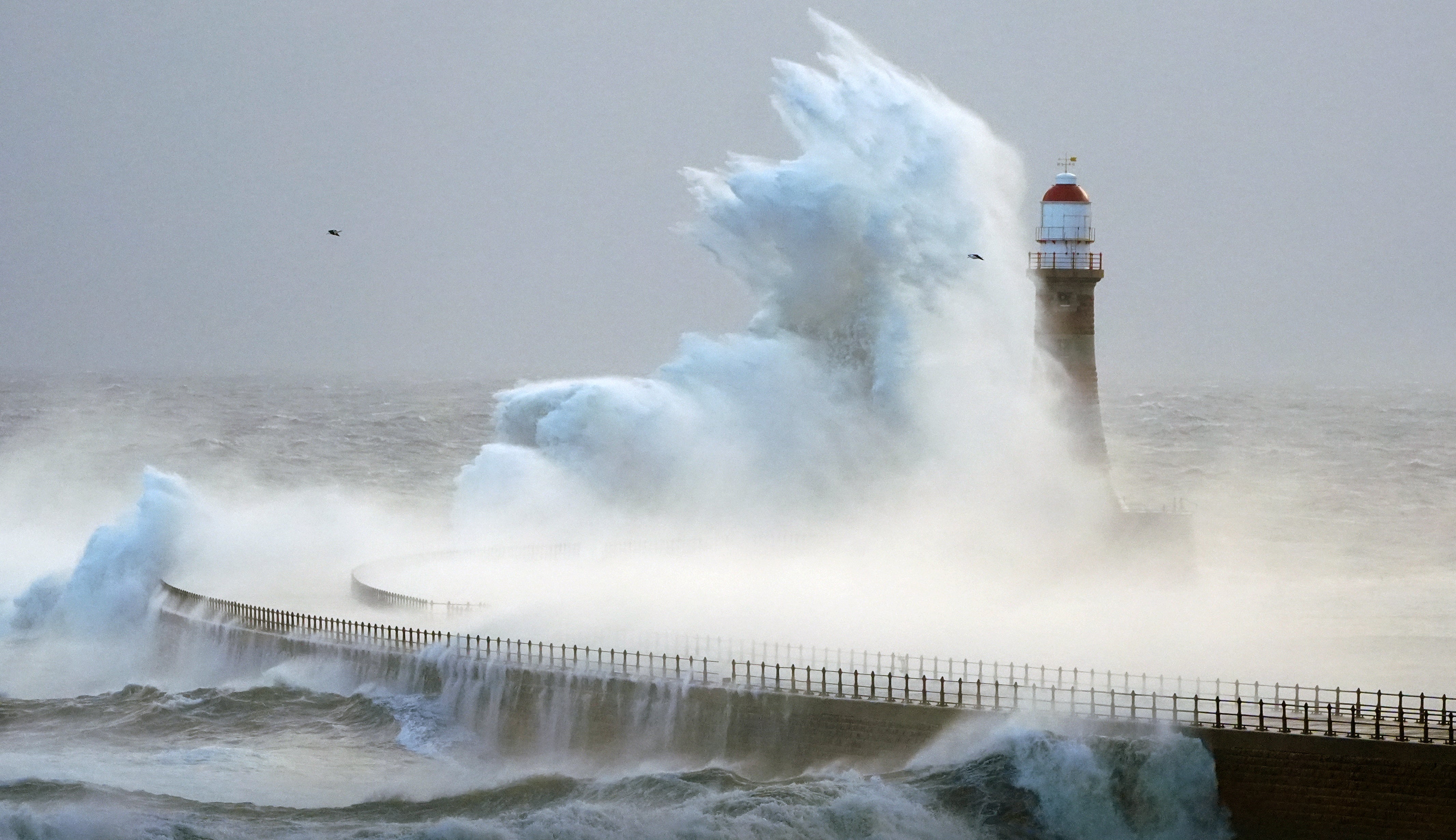 Rough seas at the Roker lighthouse in Sunderland