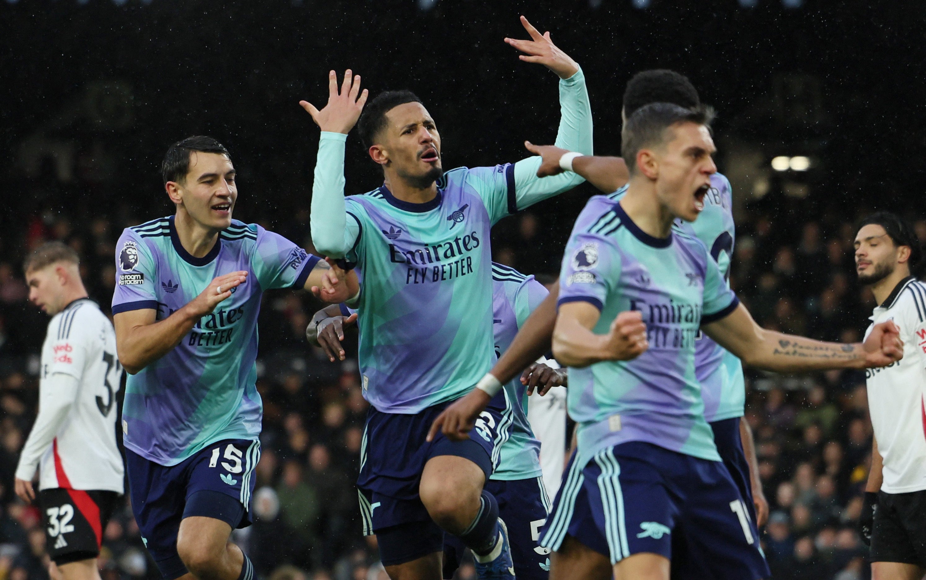 William Saliba celebrates after equalising for Arsenal