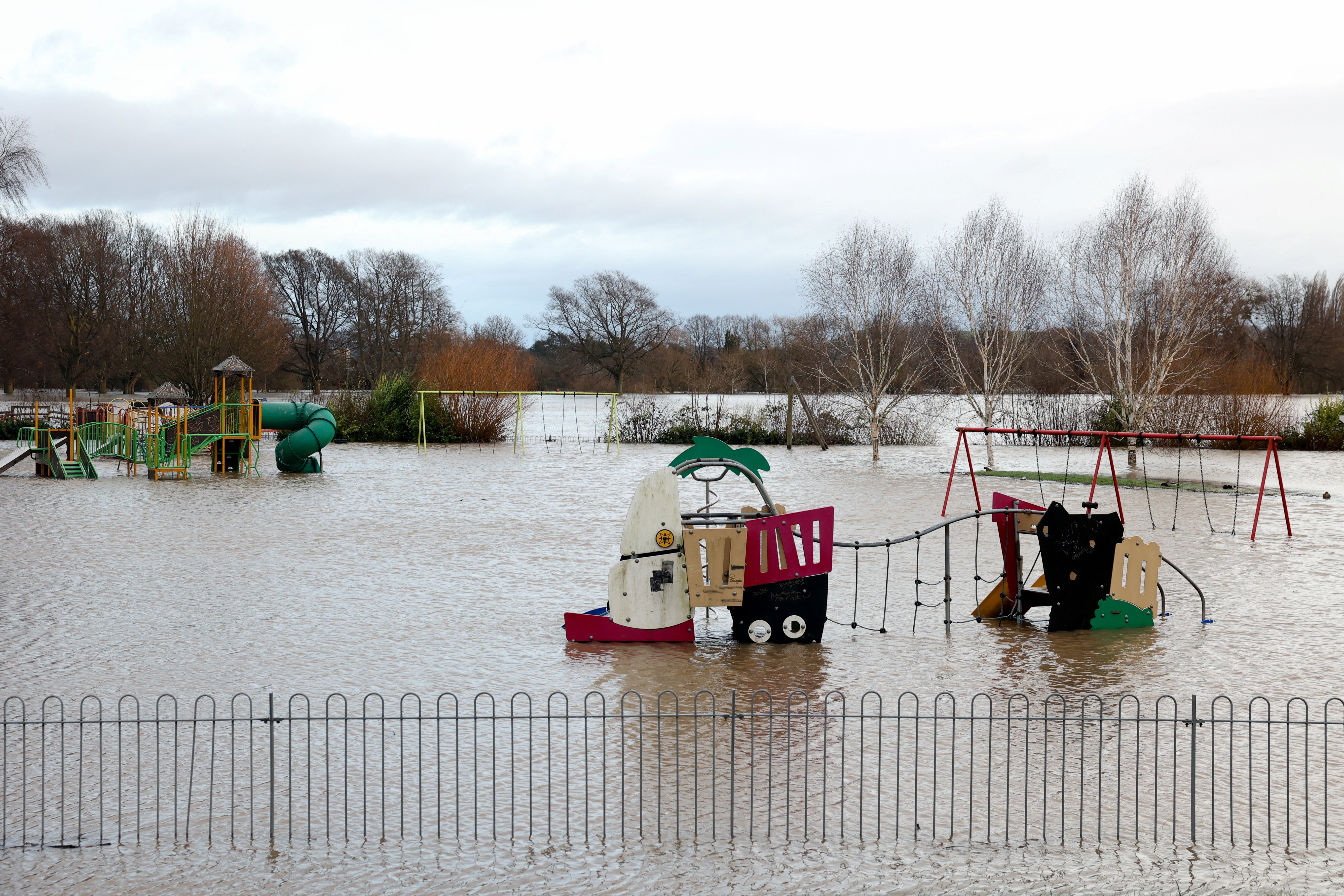 A view shows a flooded playground, after Storm Darragh hit Hereford