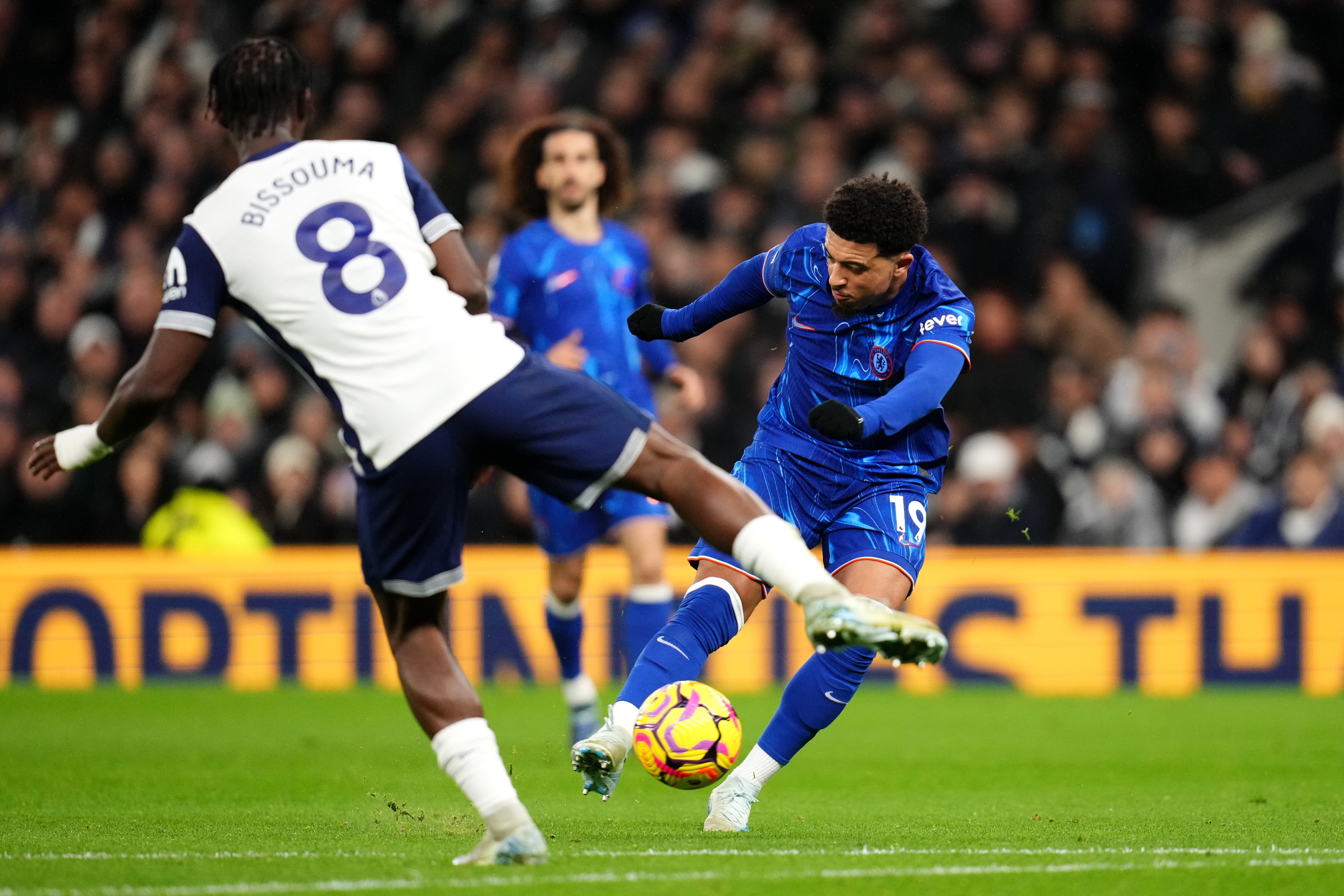 Jadon Sancho scores Chelsea’s first goal (John Walton/PA)