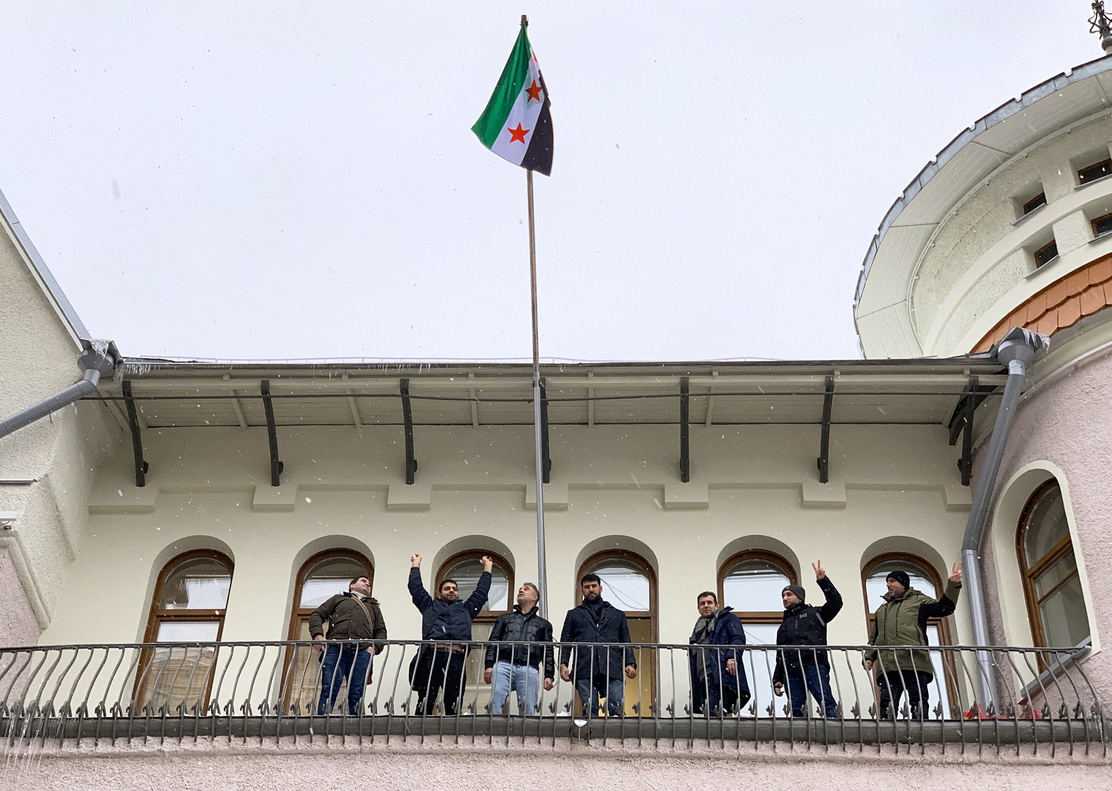 The Syrian opposition flag is installed on the building of the Embassy of Syria in Moscow