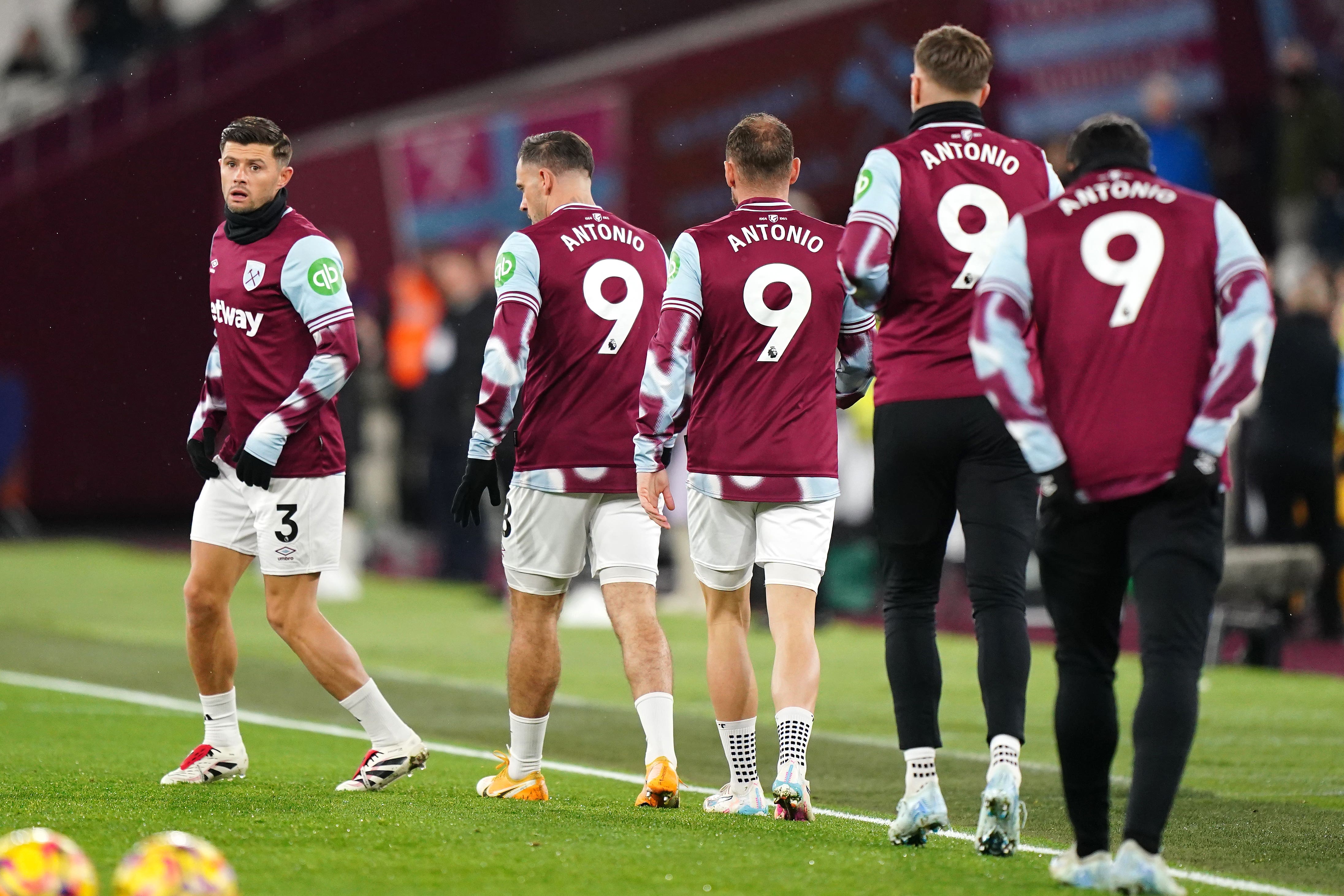 West Ham’s players showed their support for team-mate Michail Antonio, wearing ‘Antonio 9′ shirts while warming up and walking out (Zac Goodwin/PA)