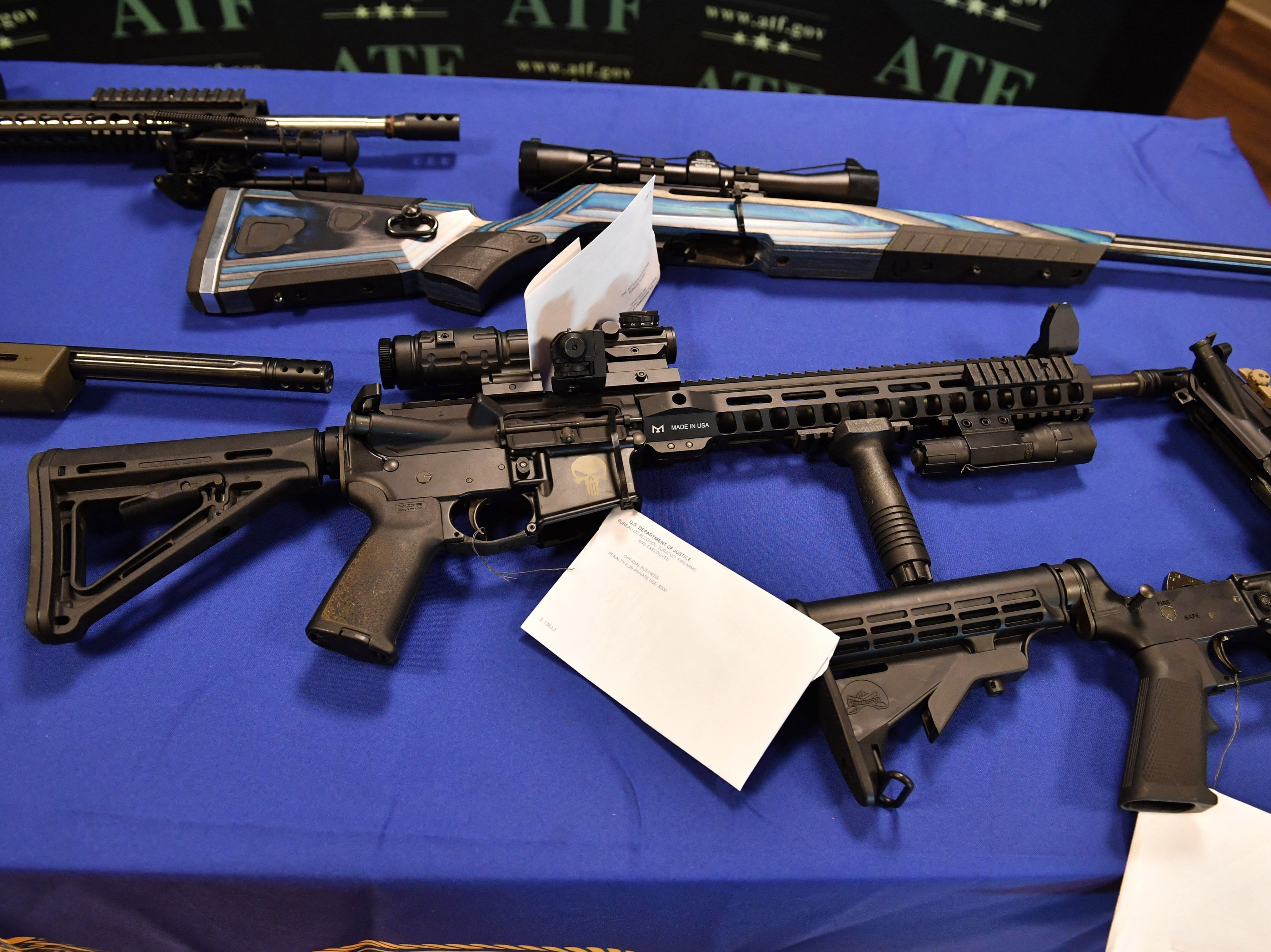 ‘Ghost guns’ seized by law enforcement officers displayed in Glendale, California in April 2022