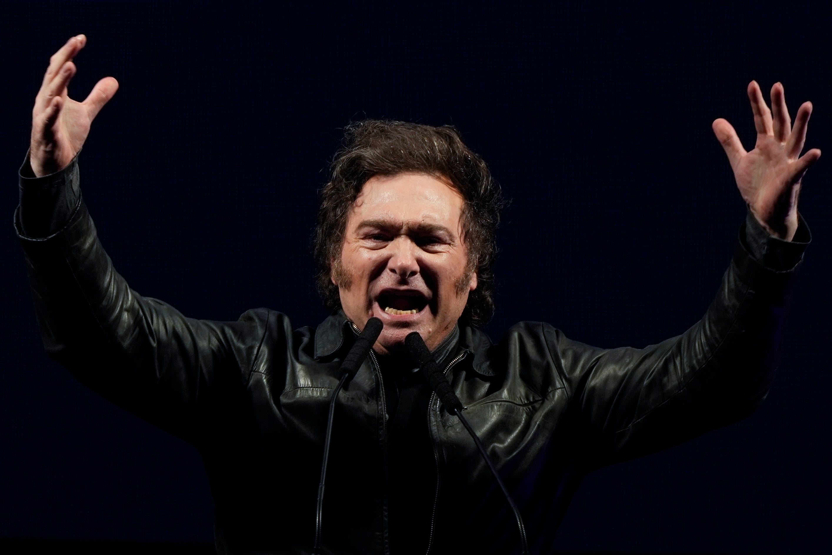 Argentine President Javier Milei addresses supporters during a rally in Buenos Aires