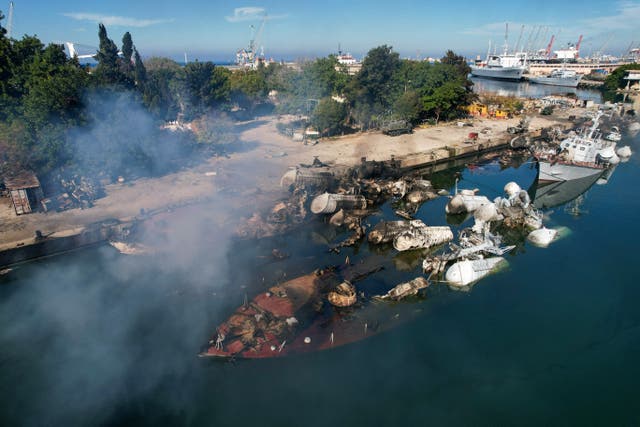 <p>An aerial photo showing naval ships destroyed in an overnight Israeli attack on the Syrian port city of Latakia</p>