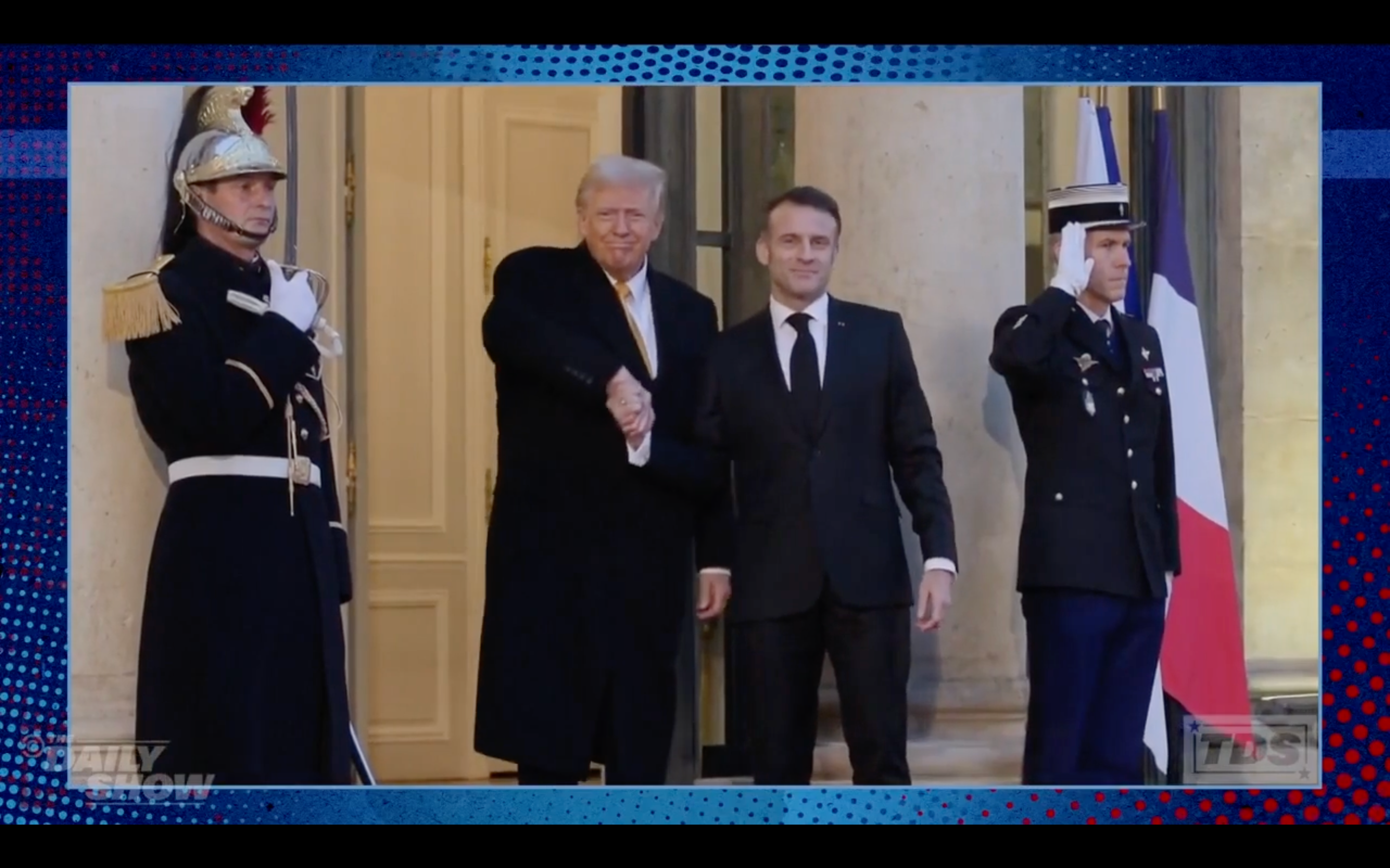 Jon Stewart mocks how Donald Trump shakes hands during his visit to France