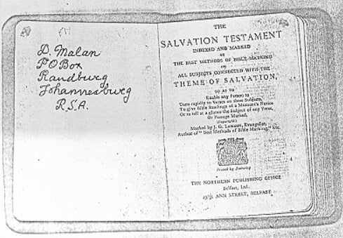 A Salvation Testament with the name D. Malan was found with his remains