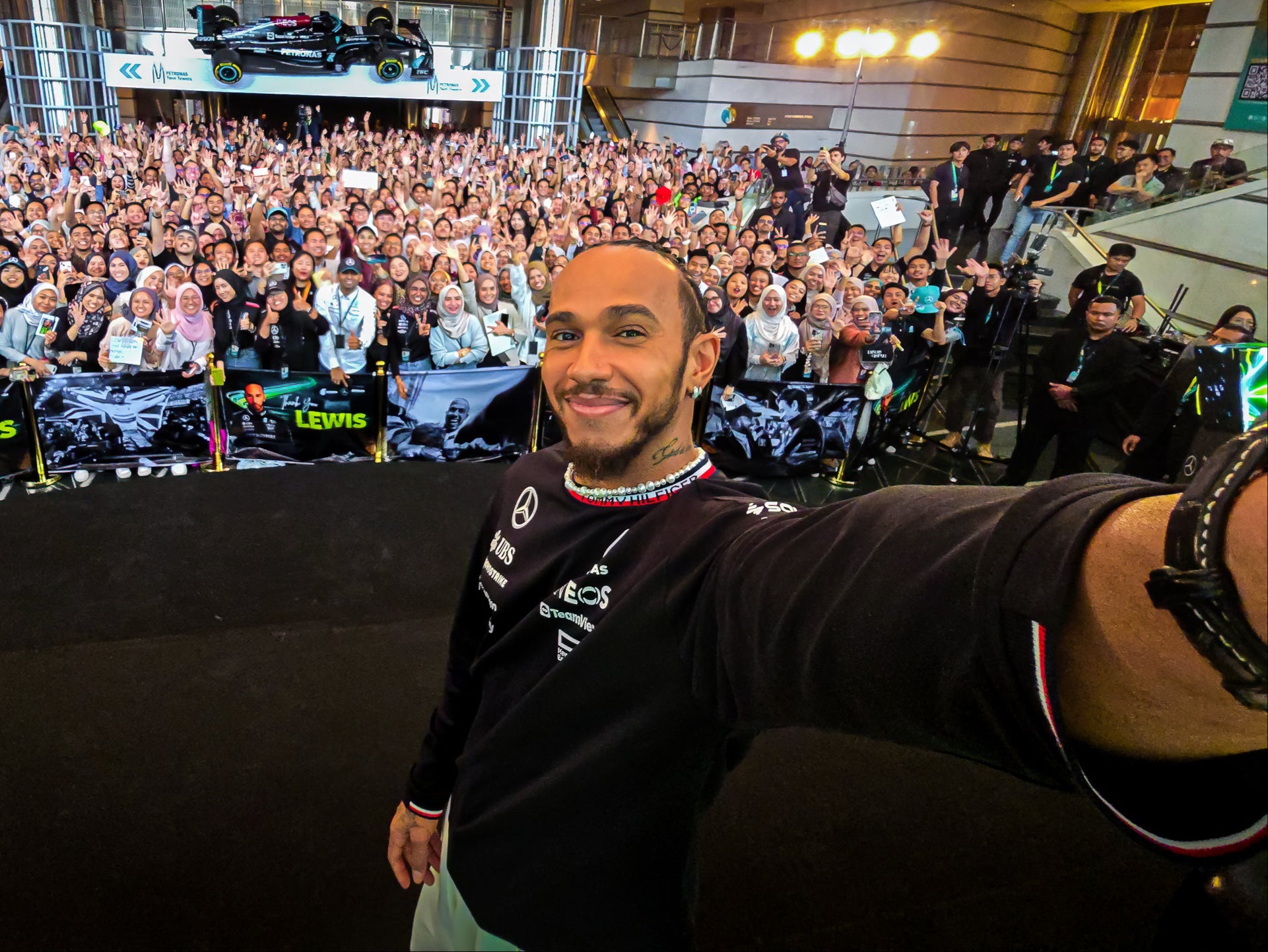 Lewis Hamilton at Petronas Towers in Kuala Lumpur