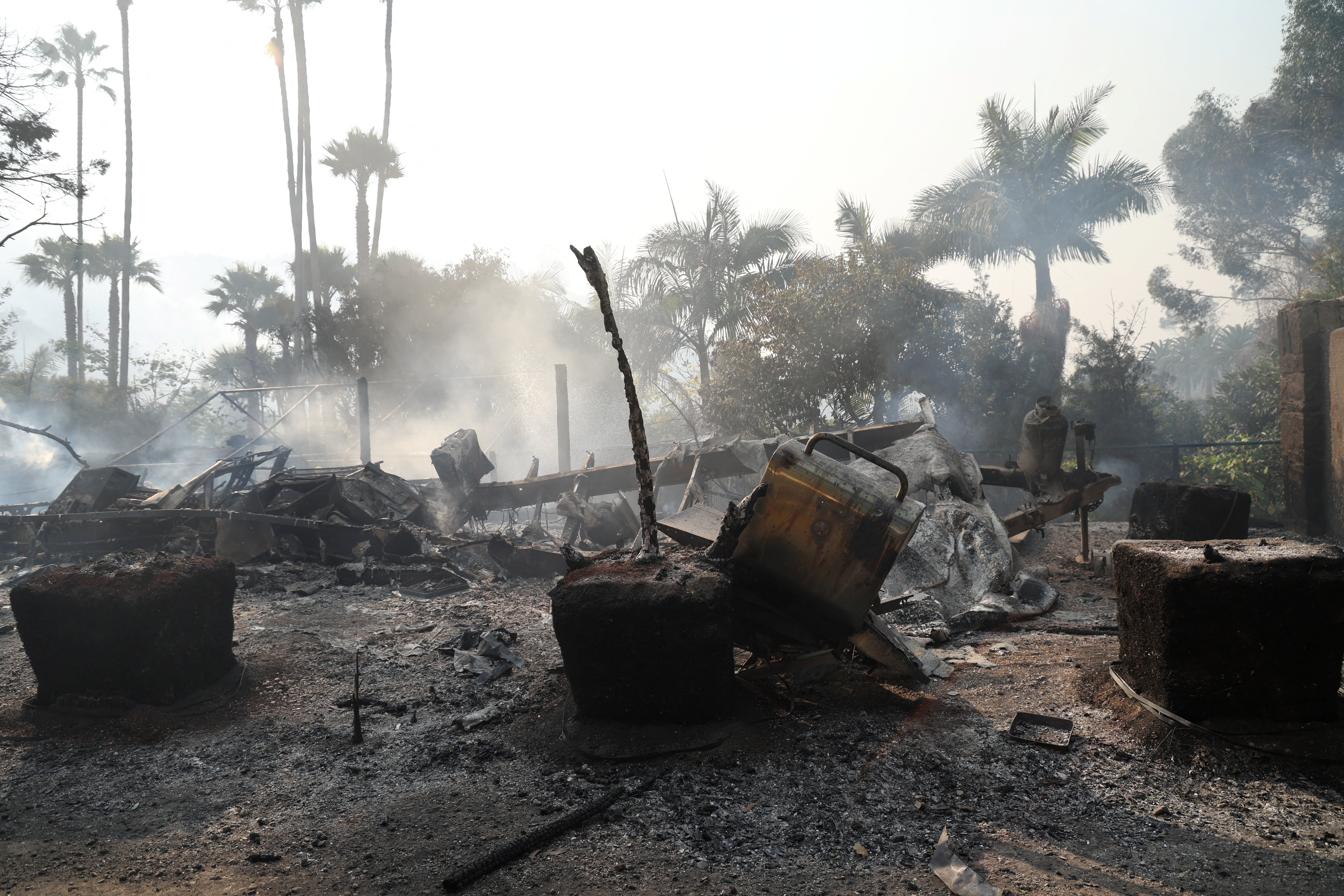 A structure burned in the Franklin Fire is seen in Malibu, California, on Tuesday. It is not yet known how many homes were destroyed