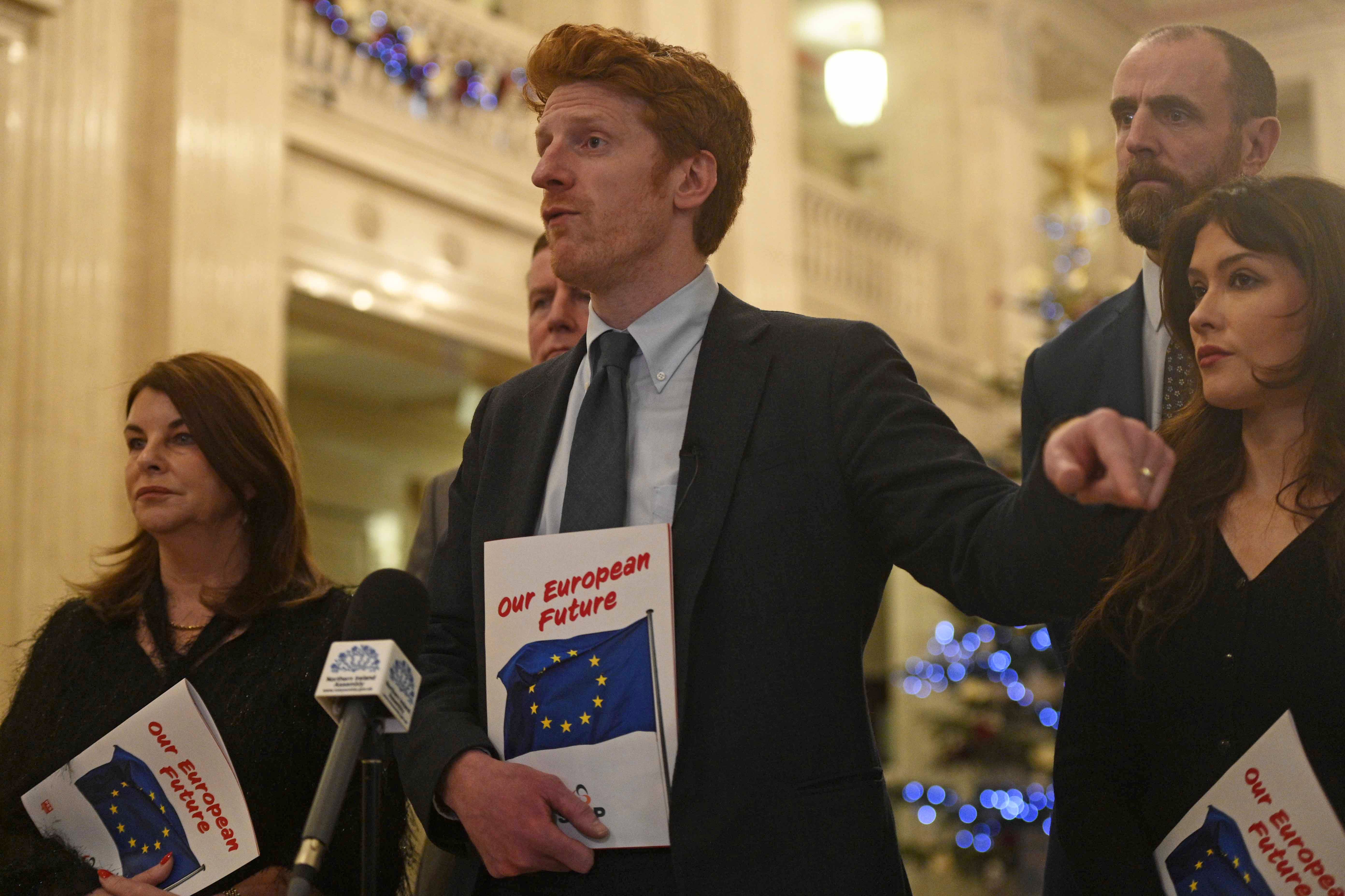 SDLP leader of the Opposition Matthew O’Toole speaks to reporters in the Great Hall of Parliament Buildings ahead of the debate (Mark Marlow/PA)