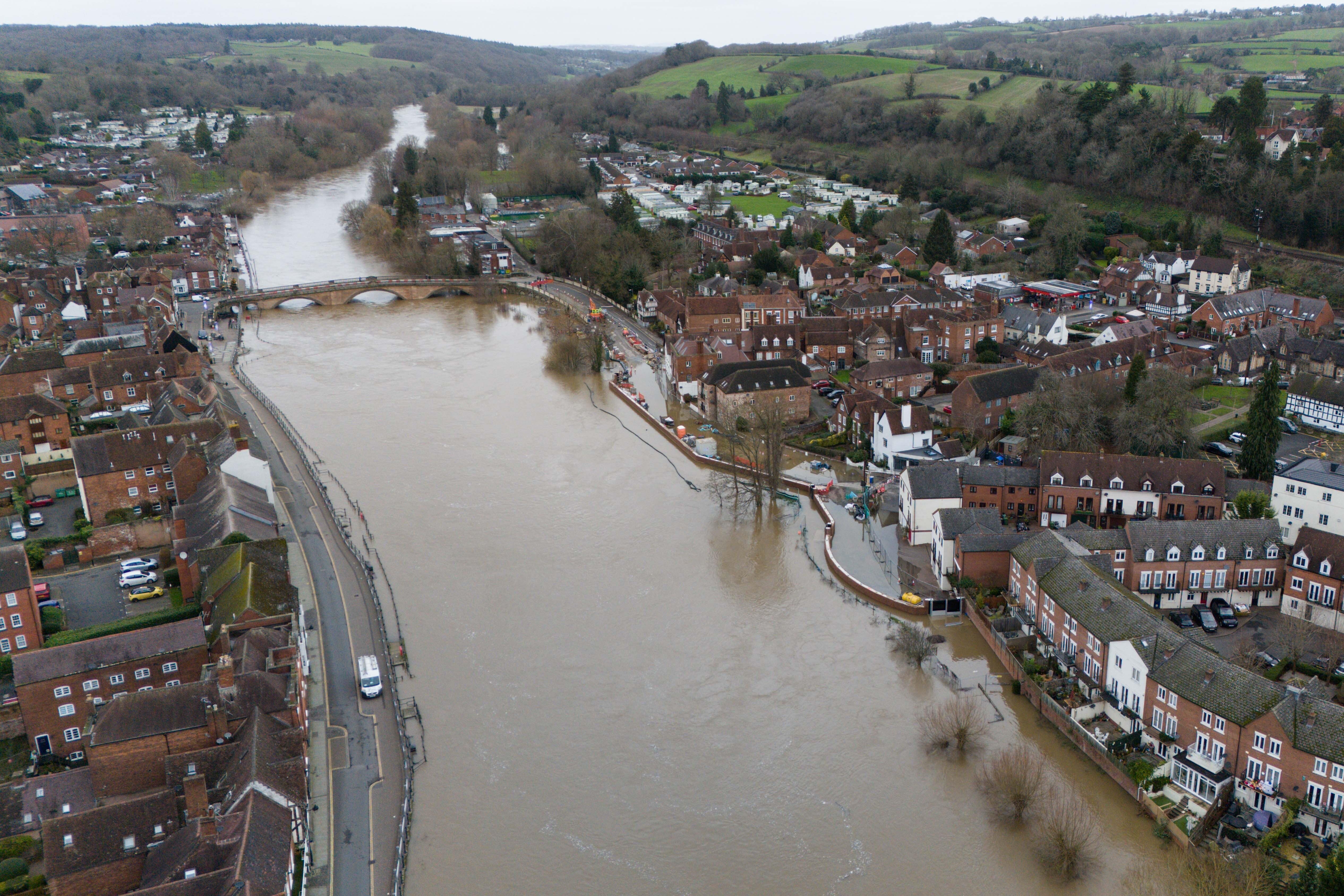 A general view of the river Severn flooding streets in the town of Bewdley