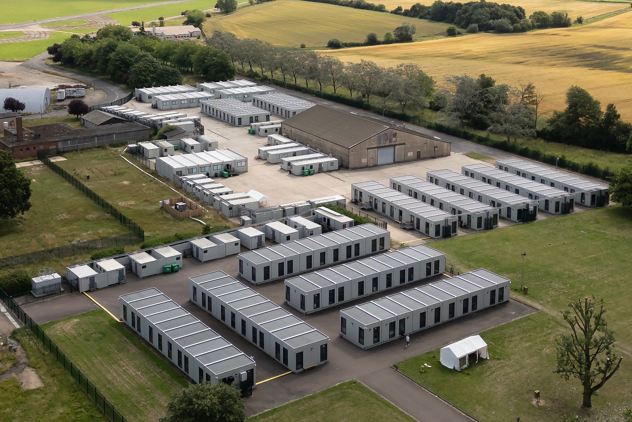 Temporary accommodation units housing migrants are pictured on the Wethersfield former army base on July 24, 2024