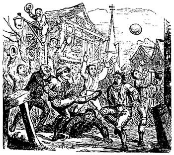 A drawing showing a game of mob football in London in the 1720s