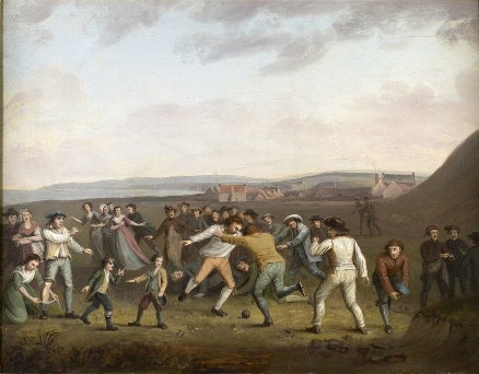 The oldest known painting of people playing football, c1810