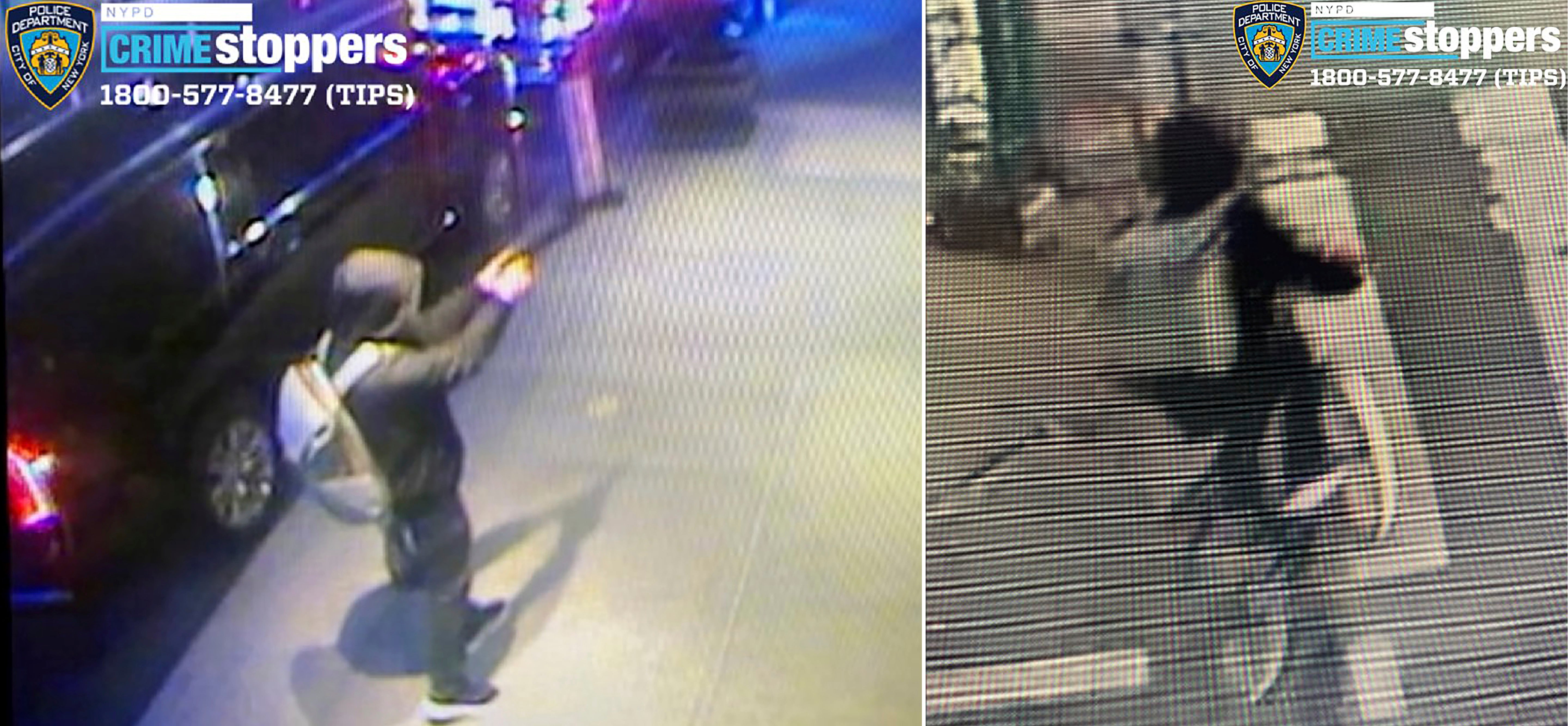 The first surveillance images released by the NYPD show the suspect pointing the gun and then fleeing on an e-bike