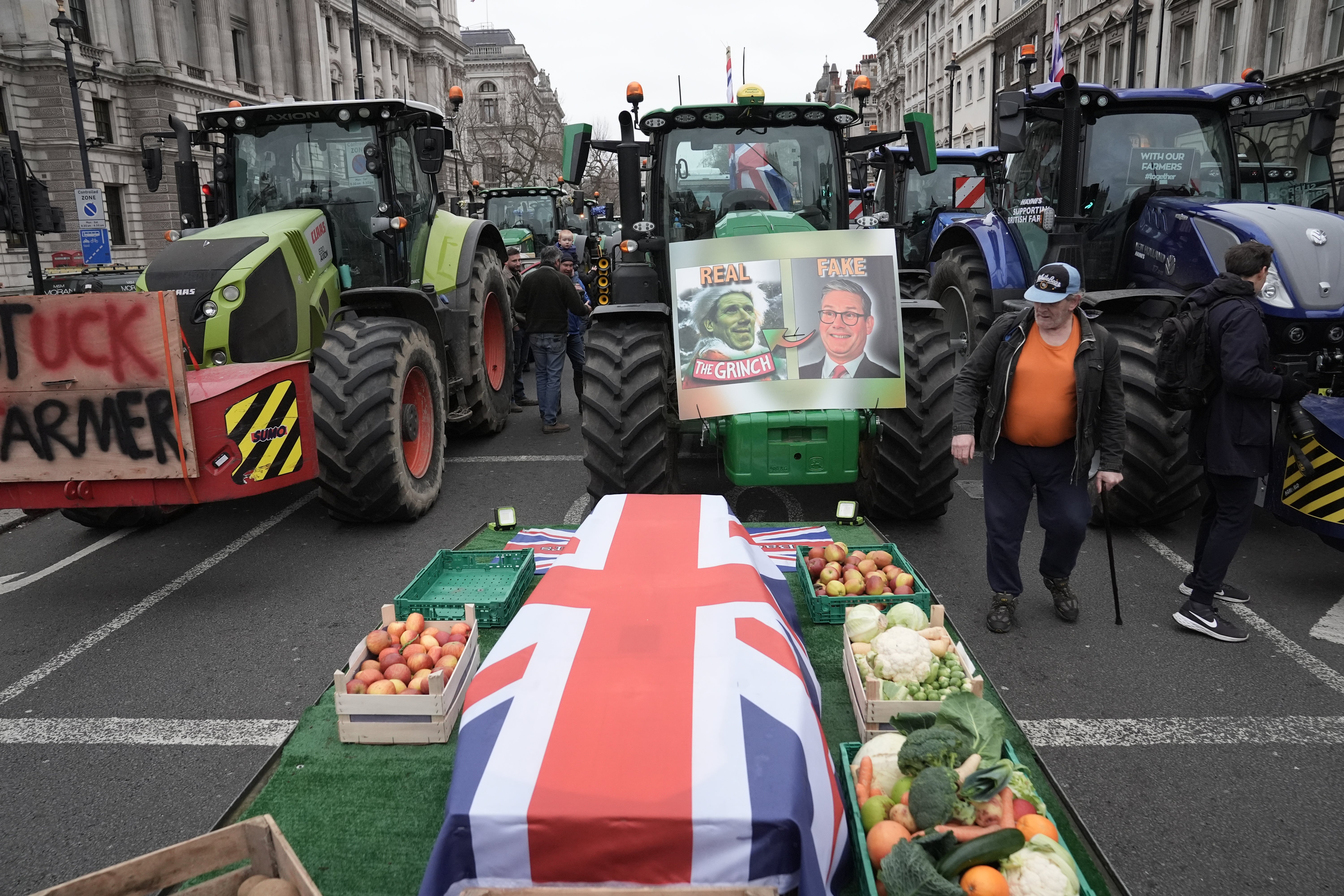 A coffin draped in the union flag, symbolising the death of British farming, formed part of a protest against Labour’s policies on agriculture