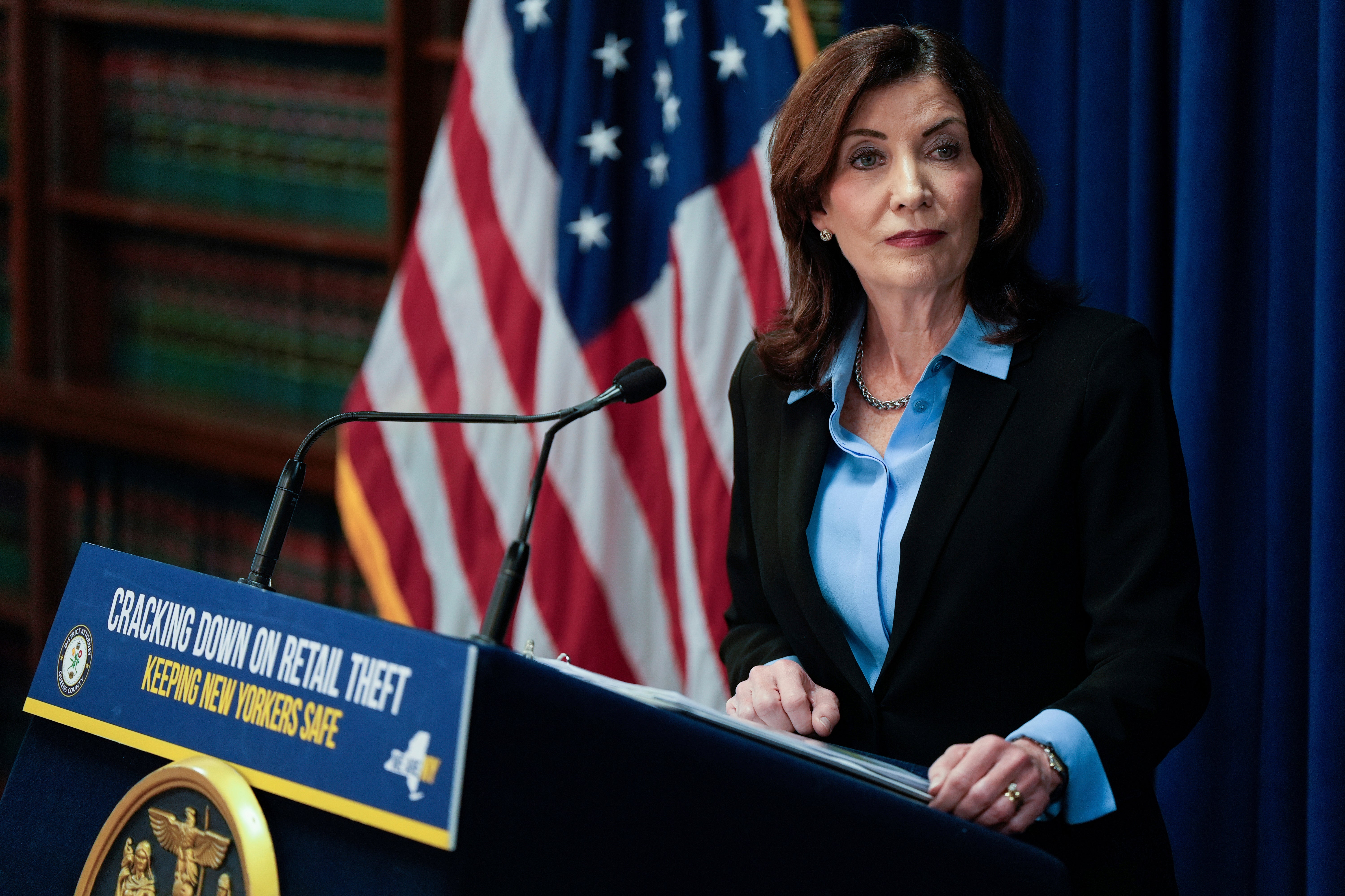 New York Governor Kathy Hochul , pictured at a press conference in Queens last month, said the swathe drones lighting up the sky has ‘gone too far’