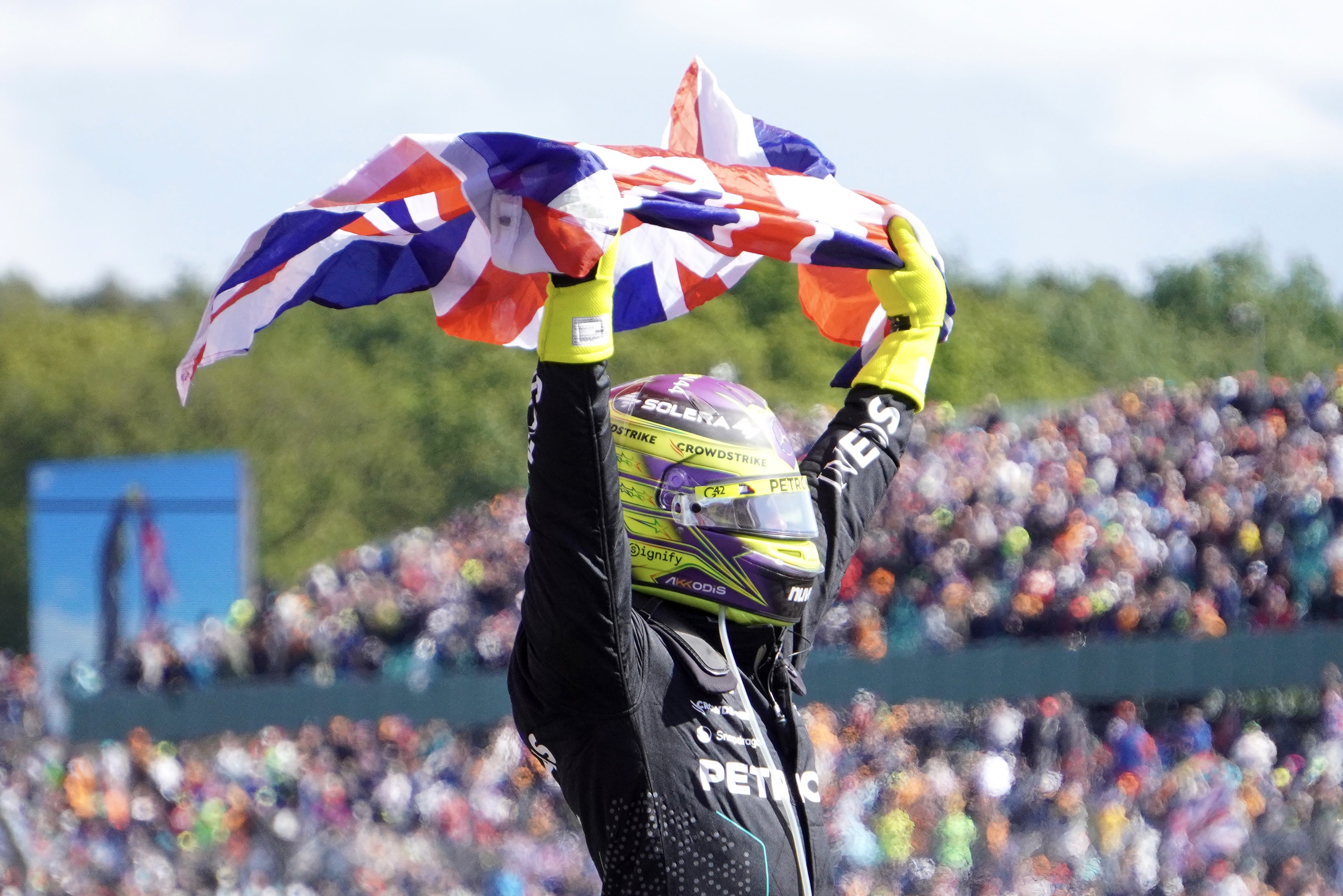 Hamilton lifts the British flag at Silverstone