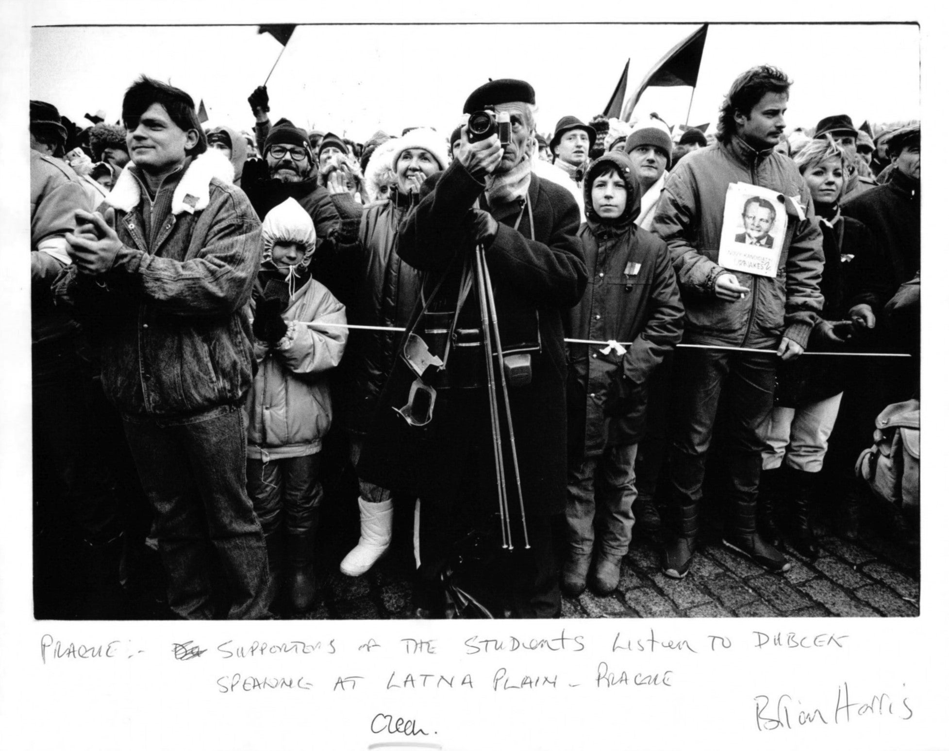 Supporters of the students listen to Dubcek speaking in Prague