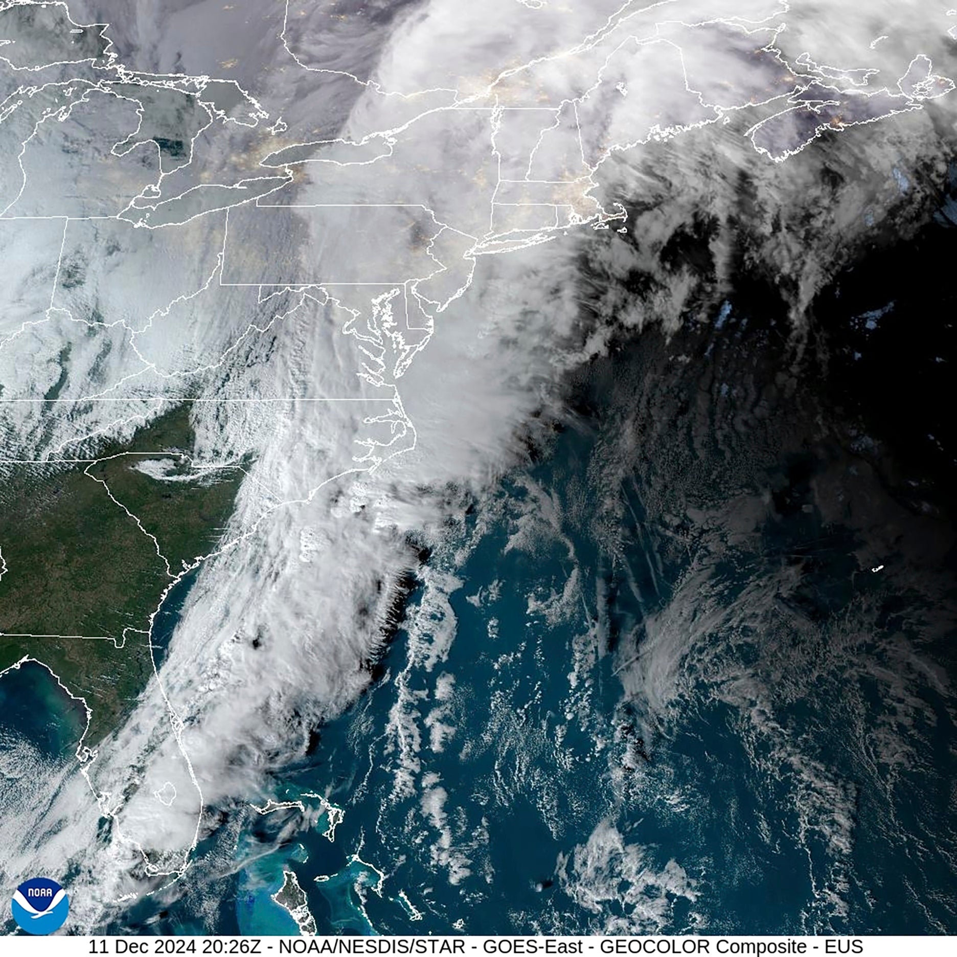 This Dec. 11. 2024 image provided by the National Oceanic and Atmospheric Administration (NOAA), shows a storm passing through the U.S. Atlantic east coast.