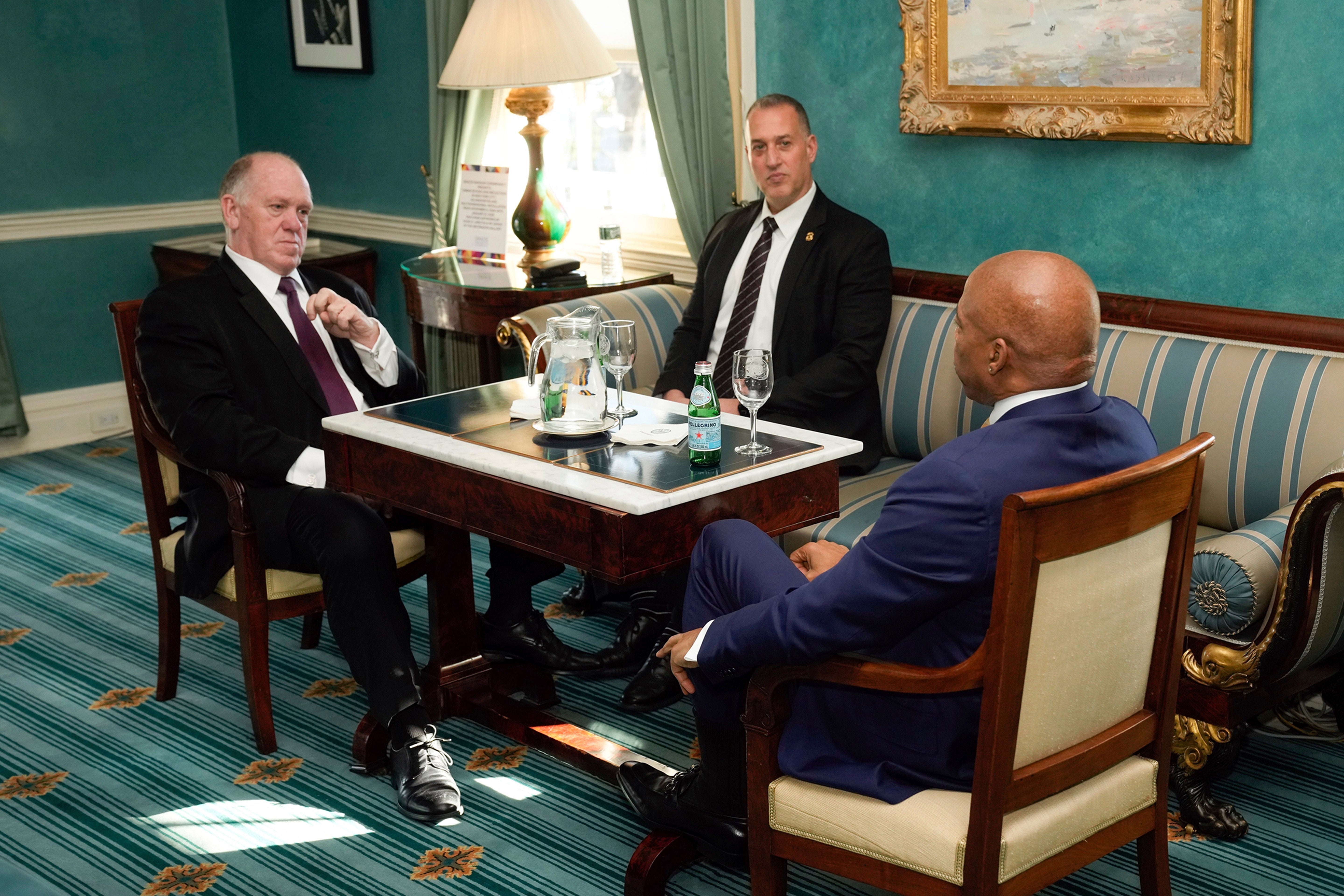 A photo provided by City Hall shows Eric Adams, right, meeting with Trump’s incoming border czar Tom Homan, left, on Thursday