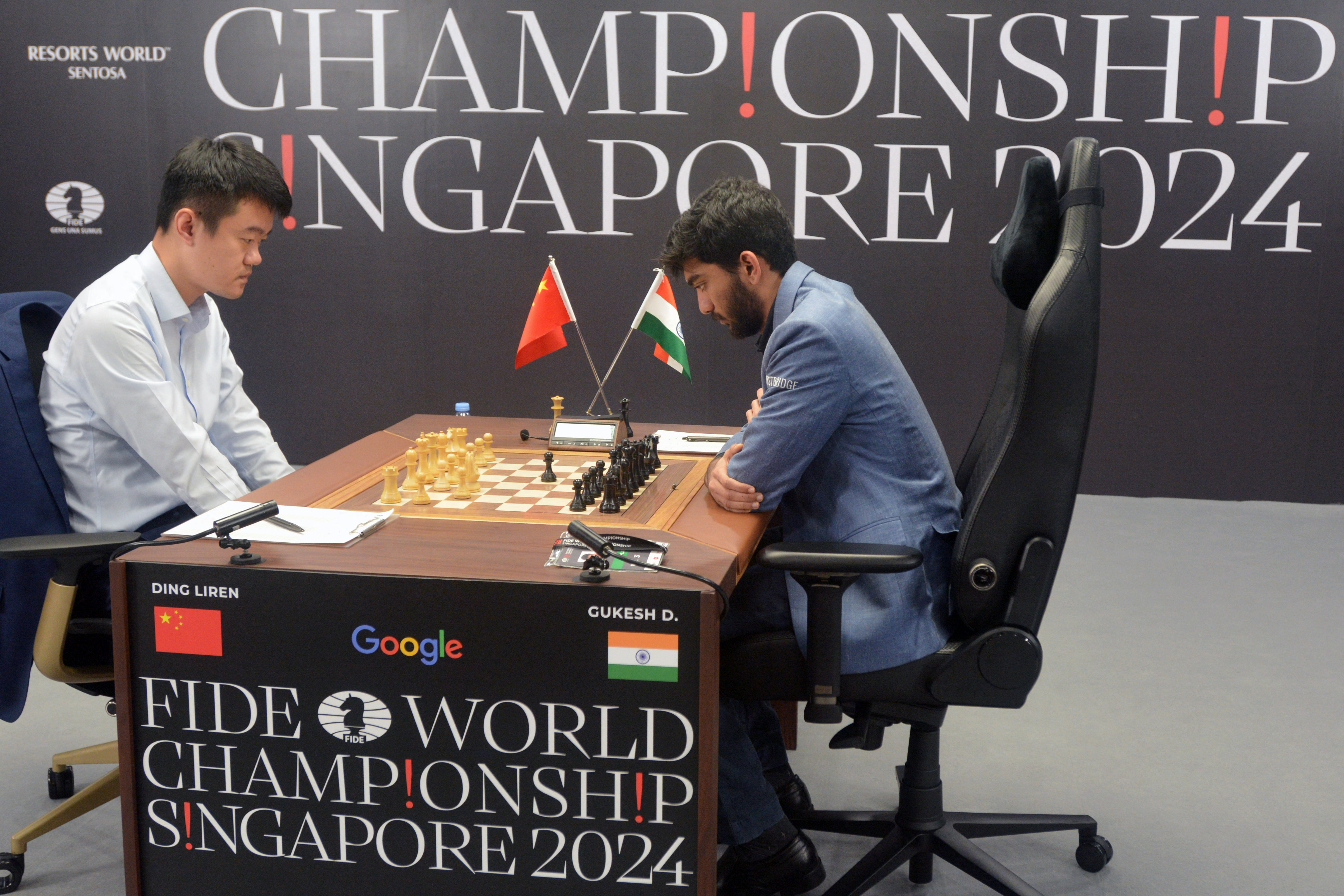 Ding Liren and Gukesh Dommaraju compete in the final game of the 2024 FIDE World Championship in Singapore