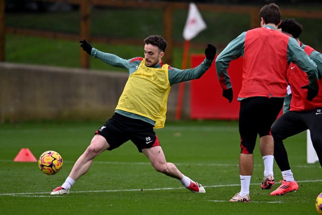 <p>Diogo Jota of Liverpool during a training session on Thursday</p>