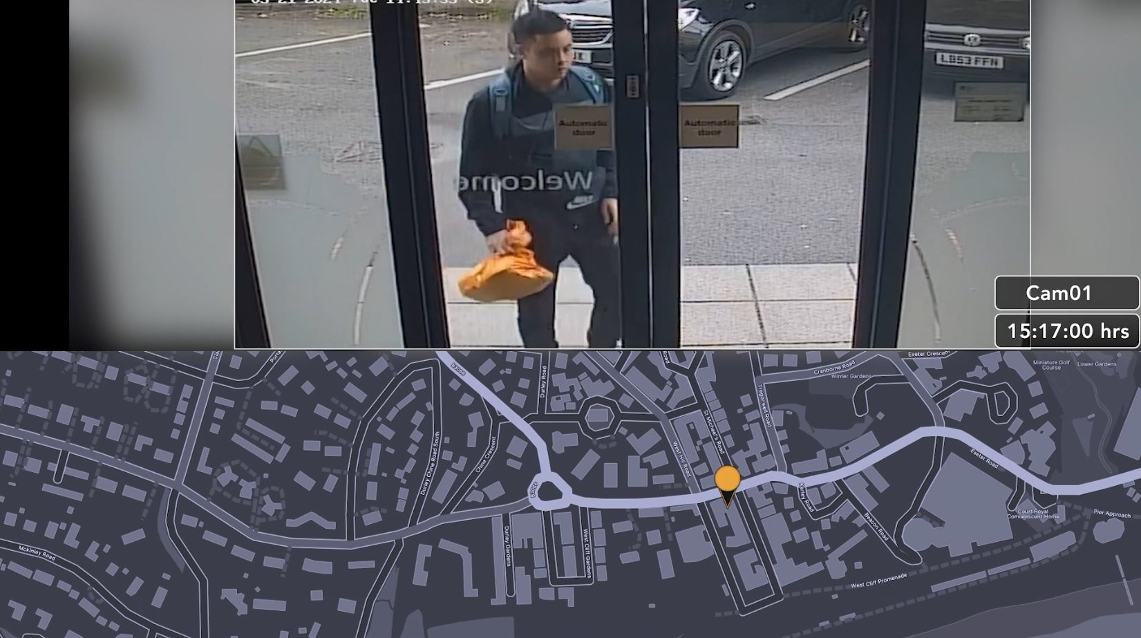 CCTV of Nasen Saadi arriving at a Travelodge hotel in Bournemouth