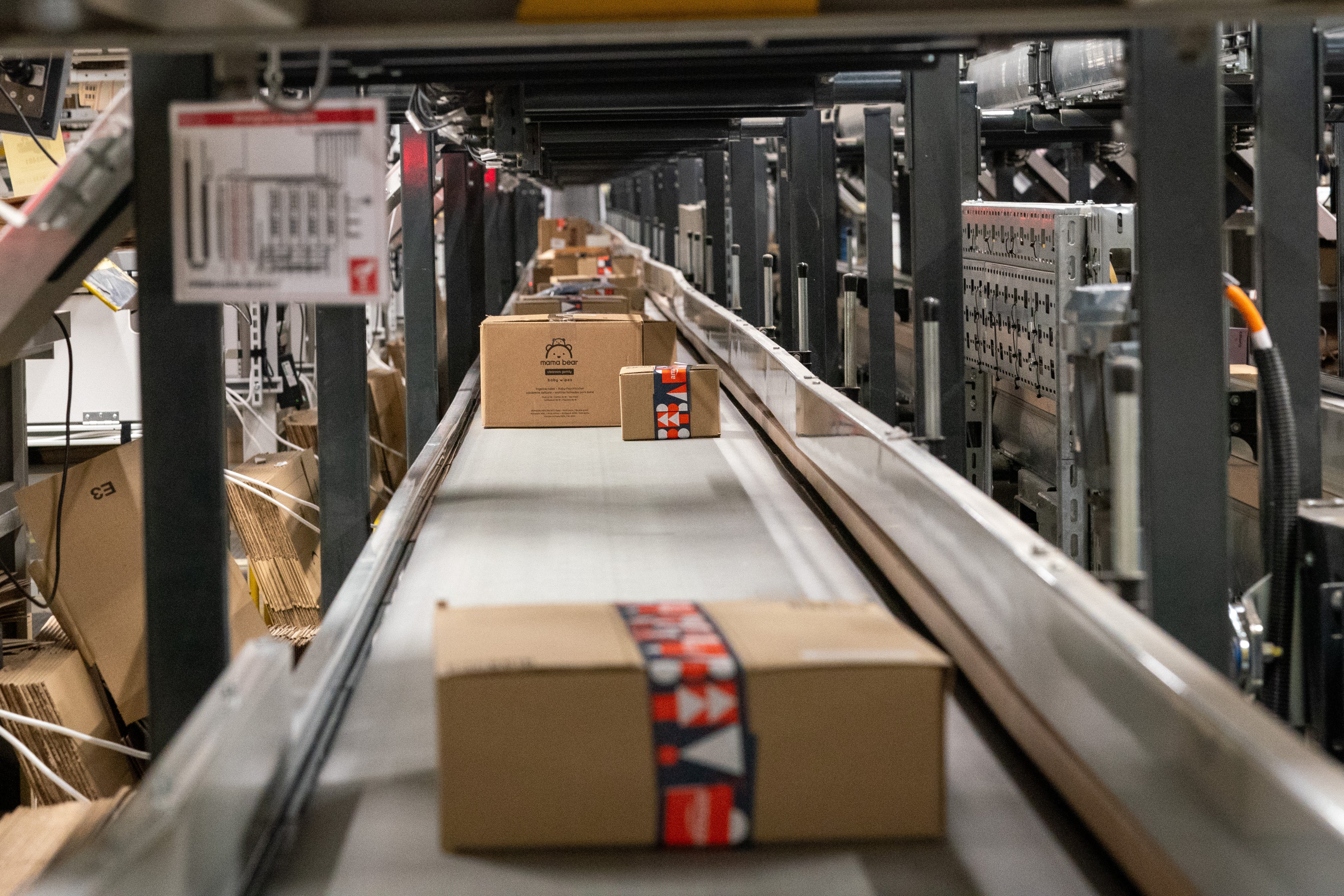 Parcels moving on conveyor belts at Amazon's fulfillment centre in Swindon, Wiltshire