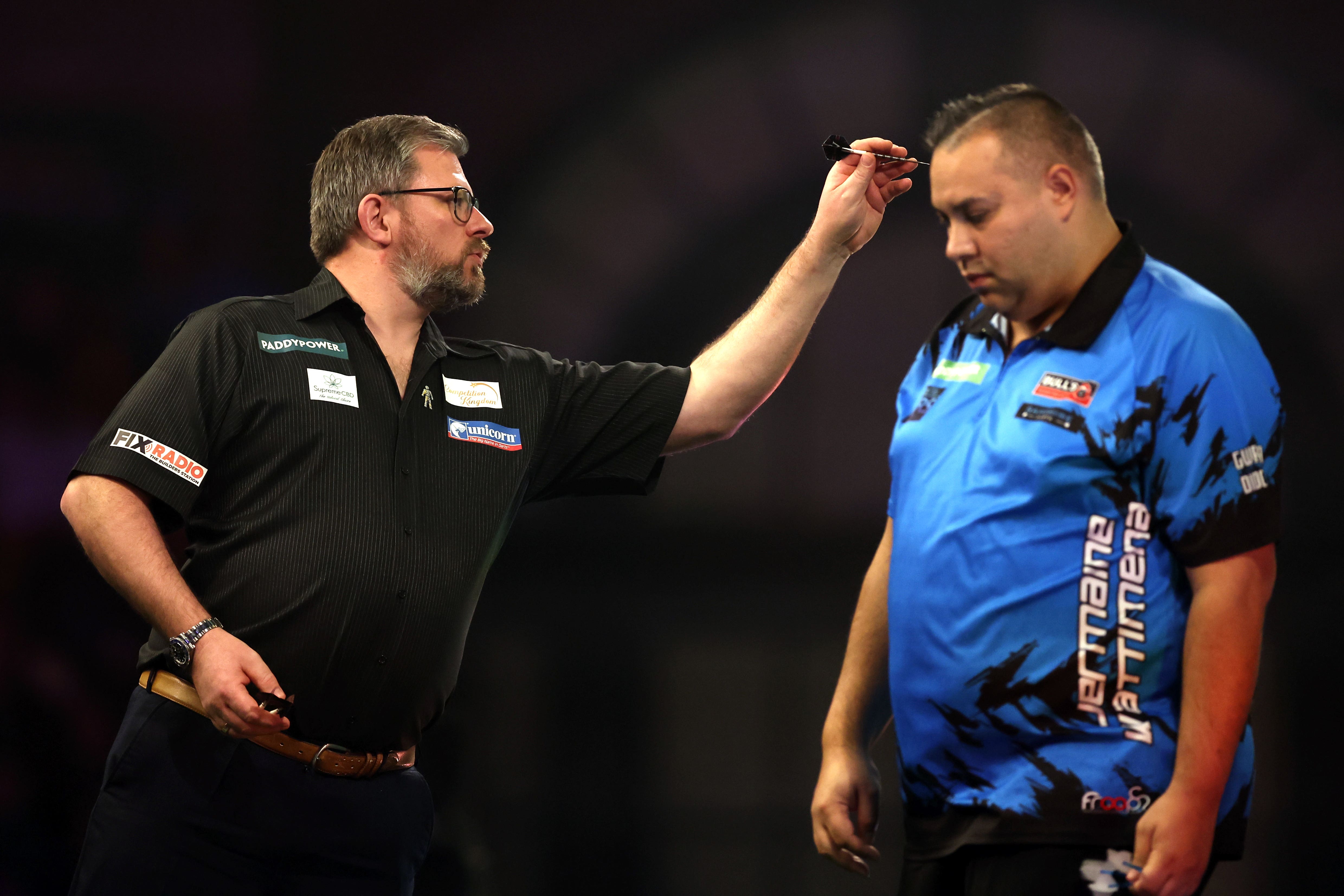 James Wade (left) was beaten 3-0 by Jermaine Wattimena on day two of the World Darts Championship at Alexandra Palace (Steven Paston/PA)