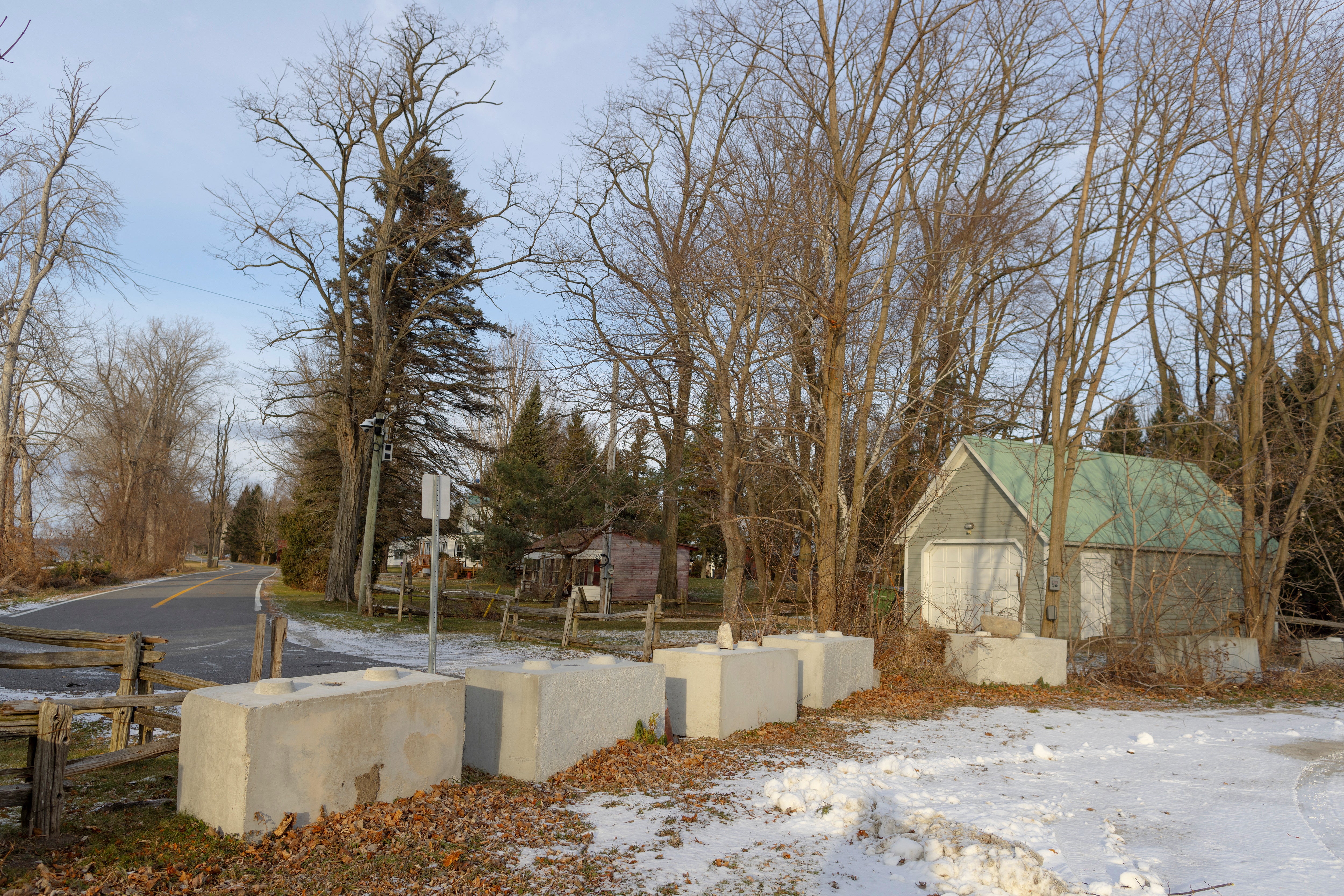 More concrete blocks lining the U.S.-Canada border in Alburgh, Vermont, U.S. December 6, 2024.