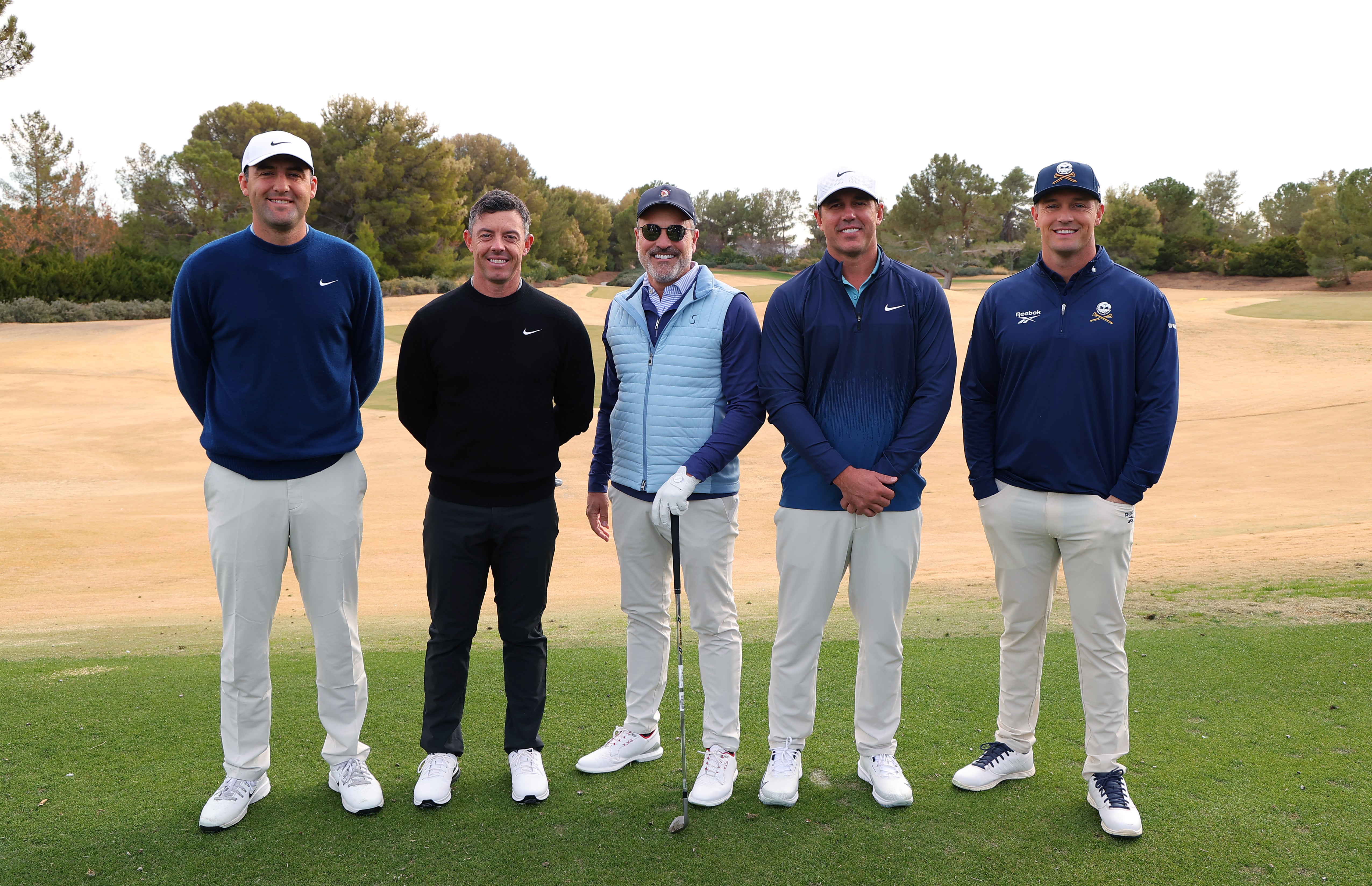 Scottie Scheffler and Rory McIlroy of the PGA Tour and Brooks Koepka and Bryson DeChambeau of LIV Golf