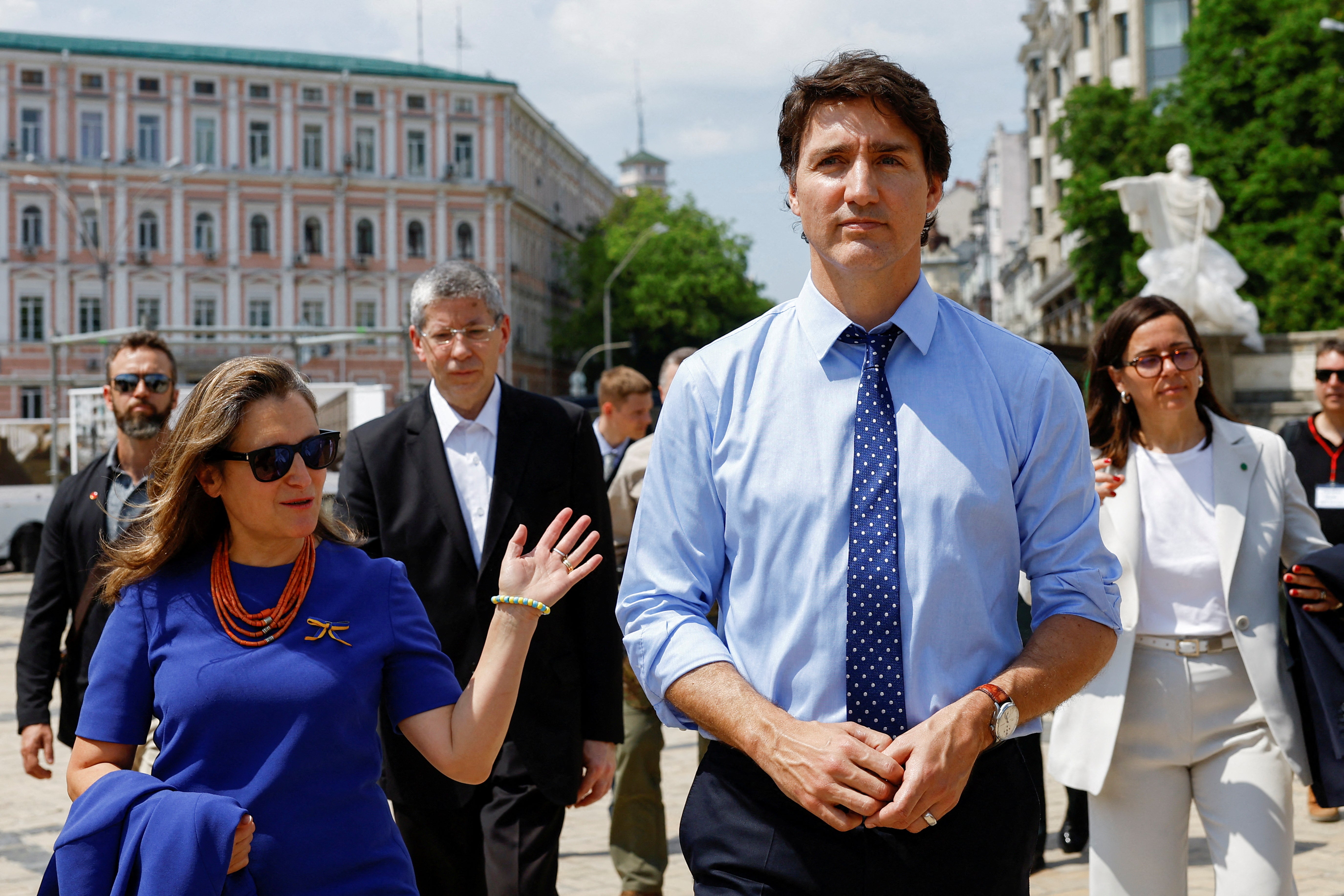 File Canadian Prime Minister Justin Trudeau, accompanied by Canada's Minister of Finance Chrystia Freeland, in Kyiv