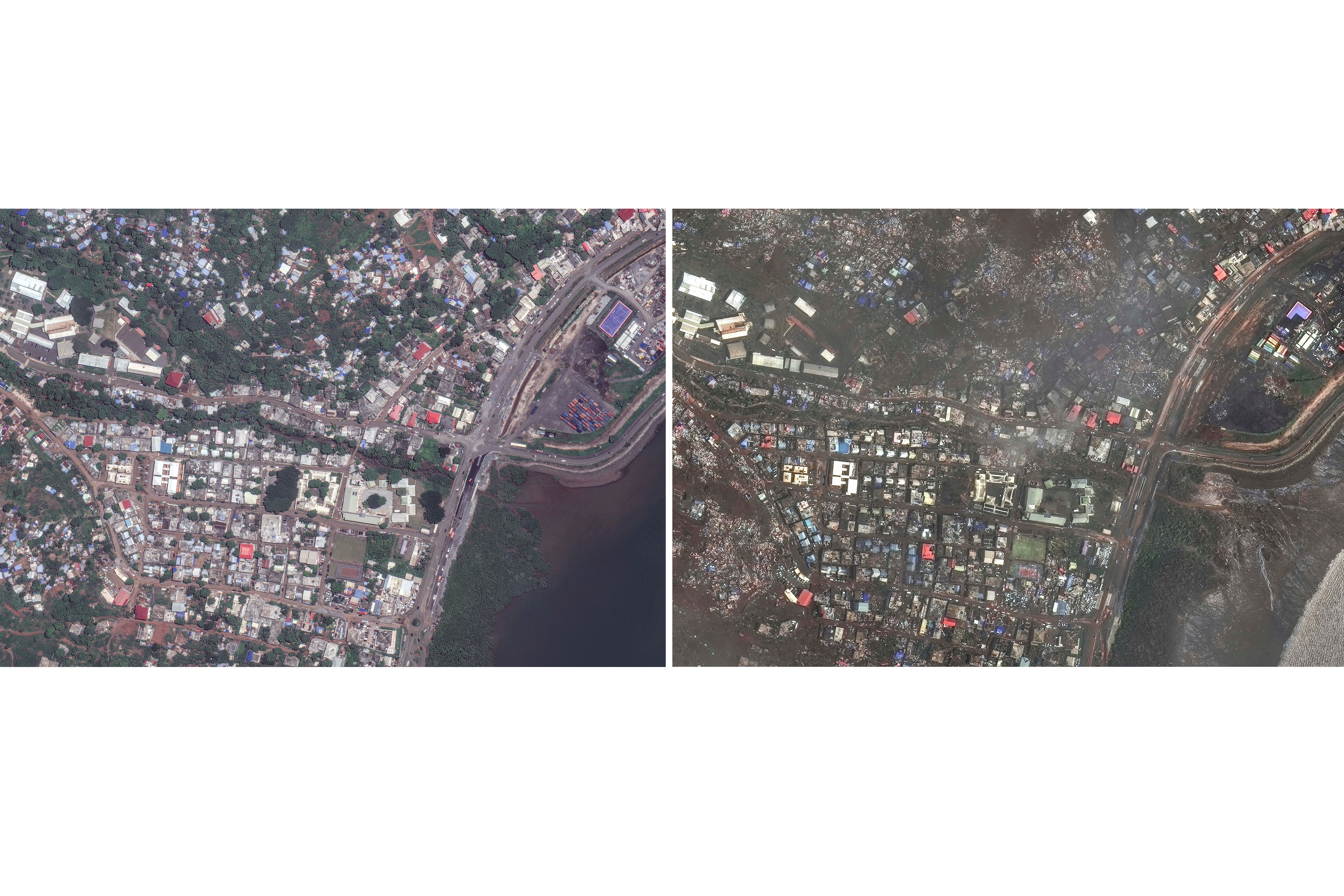 This combination of before and after images released by Maxar Technologies shows damage of Rue du CollÃ¨ge, Mamoudzou on the French Territory of Mayotte in the Indian Ocean after Cyclone Chido