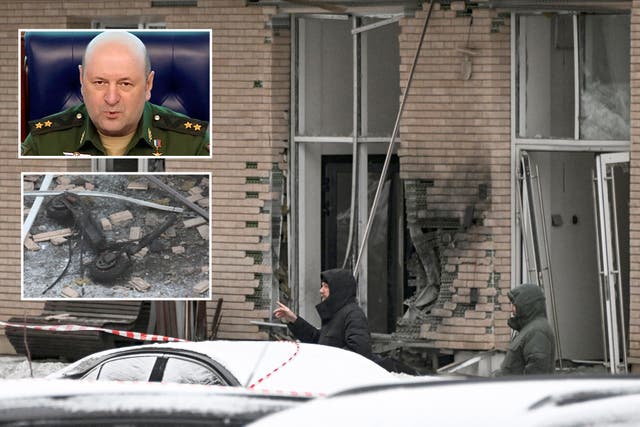 <p>The scene of Tuesday’s electric scooter bomb blast which killed Colonel Igor Kirillov and his deputy, outside a residential building on Ryazansky Avenue in Moscow</p>