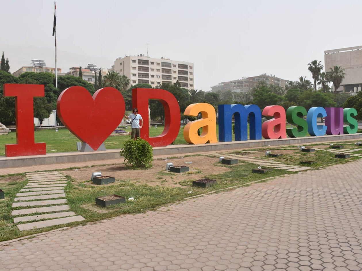 Welcome sign: Dylan Harris in Damascus in 2017