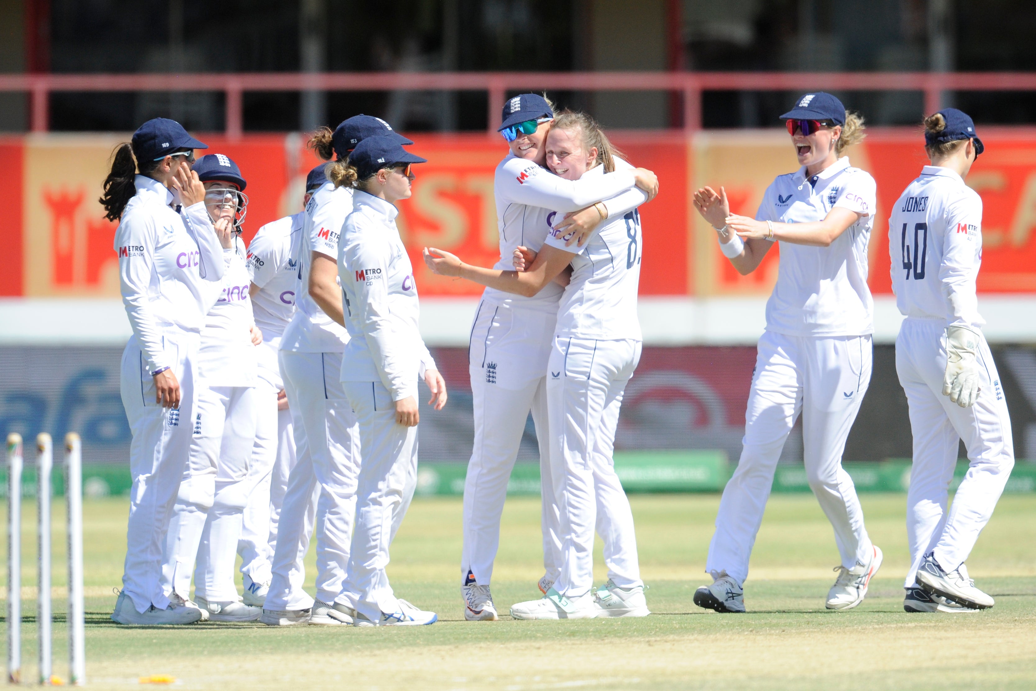 England Women celebrate during day 3