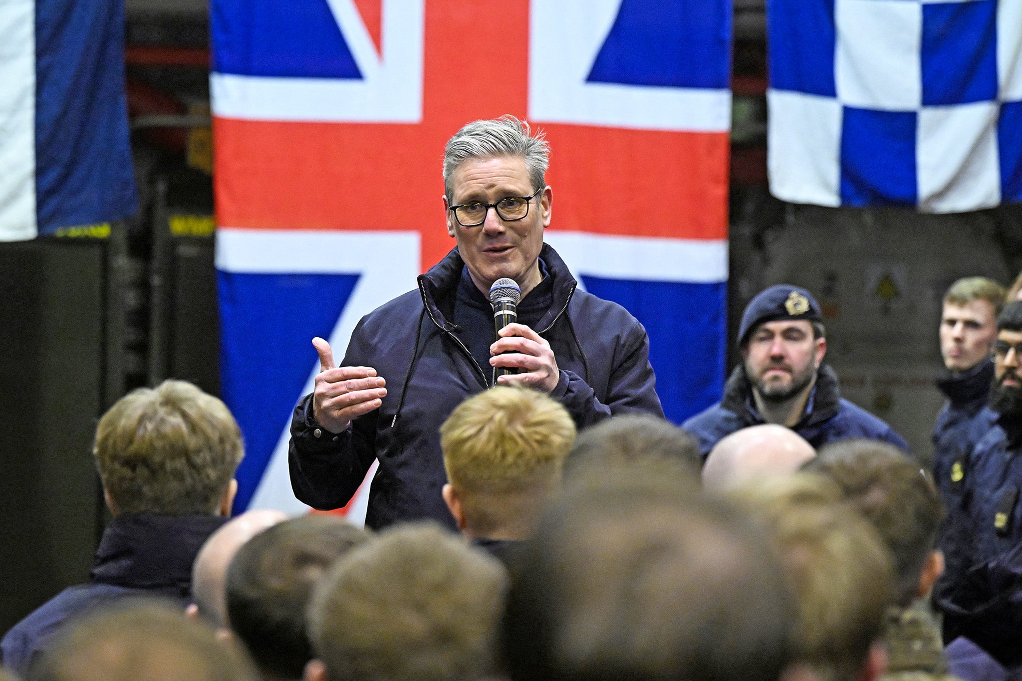 Keir Starmer addresses military personnel on board HMS Iron Duke in Tallinn, Estonia, yesterday