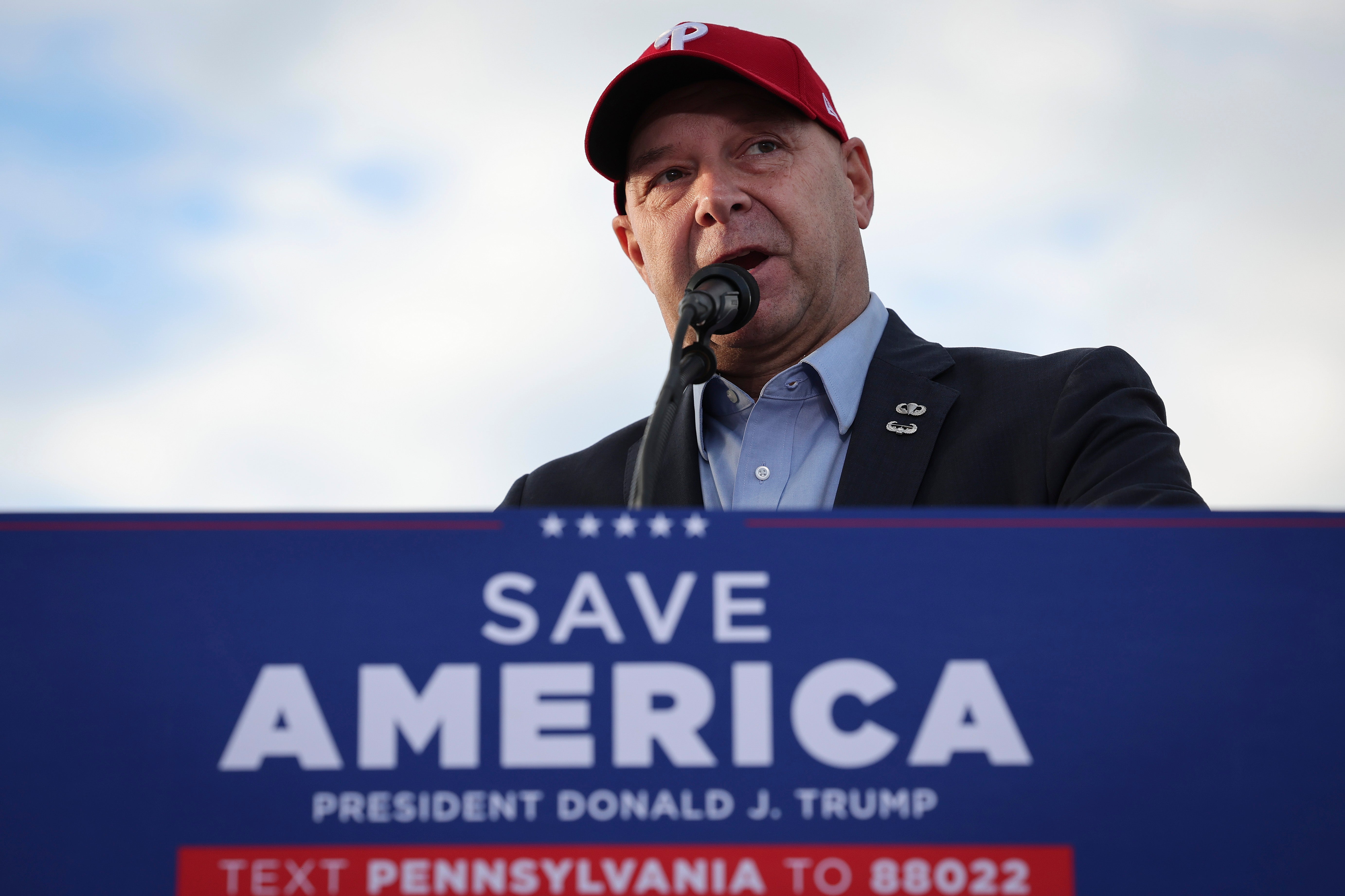 Former Pennsylvania Republican gubernatorial candidate Doug Mastriano speaks during a rally in his state in November 2022. Mastriano, who is now a member of the Pennsylvania State Senate, shared a meme about drones this week that made some waves on social media